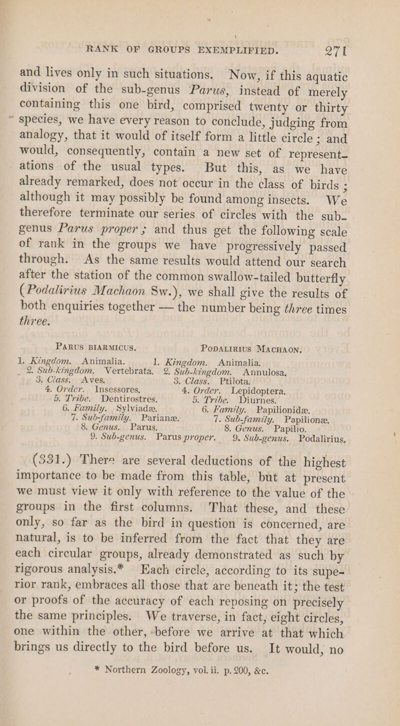 RANK OF GROUPS EXEMPLIFIED. QT1 and lives only in such situations. Now, if this aquatic division of the sub-genus Parus, instead of merely containing this one bird, comprised twenty or thirty ~ species, we have every reason to conclude, judging from analogy, that it would of itself form a little circle ; and would, consequently, contain a new set of represent— ations of the usual types. But this, as we have already remarked, does not occur in the class of birds P although it may possibly be found among insects. We therefore terminate our series of circles with the sub- genus Parus proper ; and thus get the following scale of rank in the groups we have progressively passed through. As the same results would attend our search after the station of the common swallow-tailed butterfly ( Podalirius Machaon Sw.), we shall give the results of both enquiries together — the number being three times three. PARUS BIARMICUS. PopDALiRius MacnHaon. 1. Kingdom. Animalia. 1. Kingdom. Animalia. . 2. Sub-kingdom. Vertebrata. 2. Sub-kingdom. Annulosa. 3. Class. Aves. 3. Class. Ptilota. 4. Order. Insessores, 4. Order. Lepidoptera. 5. Tribe. Dentirostres, 5. Tribe. Diurnes. 6. Family. _Sylviade. 6. Family. Papilionide. 7. Sub-family. Pariane. 7. Sub-family. Papilione. 8. Genus. Parus. 8. Genus. Papilio. 9. Sub-genus. Parus proper. 9, Sub-genus. Podalirius, (331.) There are several deductions of the highest importance to be made from this table, but at present we must view it only with reference to the value of the groups in the first columns. That these, and these only, so far as the bird in question is concerned, are natural, is to be inferred from the fact that they are each circular groups, already demonstrated as such by rigorous analysis.* Hach circle, according to its supe- rior rank, embraces all those that are beneath it; the test or proofs of the accuracy of each reposing on precisely the same principles. We traverse, in fact, eight circles, one within the other, -before we arrive at that which brings us directly to the bird before us. It would, no