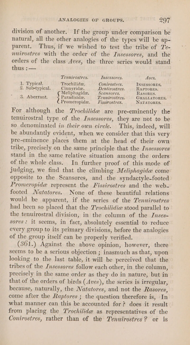division of another. If the group under comparison be natural, all the other analogies of the types will be ap- parent. Thus, if we wished to test the tribe of Te- nuirostres with the order of the Insessores, and the orders of the class Aves, the three series would stand thus : — | Tenuirostres. Insessores. Aves. 1. Typical. Trochilide., Conirostres. INSESSORES, 2. Sub-typical. Cinnyride. Dentirostres. RAPTORES. Meliphagide, Scansores. RASORES. 3, Aberrant, 5 Paradiside. Tenuirostres. GRALLATORES, | Promeropide. _Fissirostres. NATATORES. For although the T'rochilide are pre-eminently the tenuirostral type of the Insessores, they are not to be so denominated in their own circle. This, indeed, will be abundantly evident, when we consider that this very pre-eminence places them at the head of their own tribe, precisely on the same principle that the Insessores stand in the same relative situation among the orders of the whole class. In further proof of this mode of judging, we find that the climbing Meliphagide come opposite to the Scansores, and the syndactyle-footed Promeropide represent the Fissirostres and the web- footed Natatores. None of these beautiful relations would be apparent, if the series of the Tenwirostres had been so placed that the Trochilidie stood parallel to the tenuirostral division, in the column of the Jnses- sores: it seems, in fact, absolutely essential to reduce every group to its primary divisions, before the analogies of the group itself can be properly verified. (361.) Against the above opinion, however, there seems to be a serious objection ; inasmuch as that, upon looking to the last table, it will be perceived that the tribes of the Insessores follow each other, in the column, precisely in the same order as they do in nature, but in that of the orders of birds (Aves), the series is irregular, because, naturally, the Natatores, and not the Rasores, come afier the Raptores ; the question therefore is, In what manner can this be accounted for? does it result from placing the Tvrochilide as representatives of the Conirostres, rather than of the Tenuirostres? or is