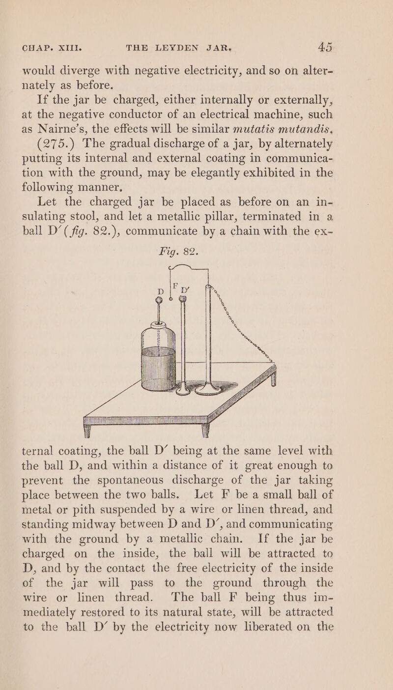 would diverge with negative electricity, and so on alter- nately as before. If the jar be charged, either internally or externally, at the negative conductor of an electrical machine, such as Nairne’s, the effects will be similar mutatis mutandis. (275.) The gradual discharge of a jar, by alternately putting its internal and external coating in communica- tion with the ground, may be elegantly exhibited in the following manner. Let the charged jar be placed as before on an in- sulating stool, and let a metallic pillar, terminated in a ball D’( fig. 82.), communicate by a chain with the ex- i j ik ternal coating, the ball D’ being at the same level with the ball D, and within a distance of it great enough to prevent the spontaneous discharge of the jar taking place between the two balls. Let F be a small ball of metal or pith suspended by a wire or linen thread, and standing midway between D and D’, and communicating with the ground by a metallic chain. If the jar be charged on the inside, the ball will be attracted to D, and by the contact the free electricity of the inside of the jar will pass to the ground through the wire or linen thread. The ball F being thus im- mediately restored to its natural state, will be attracted to the ball D’ by the electricity now liberated on the