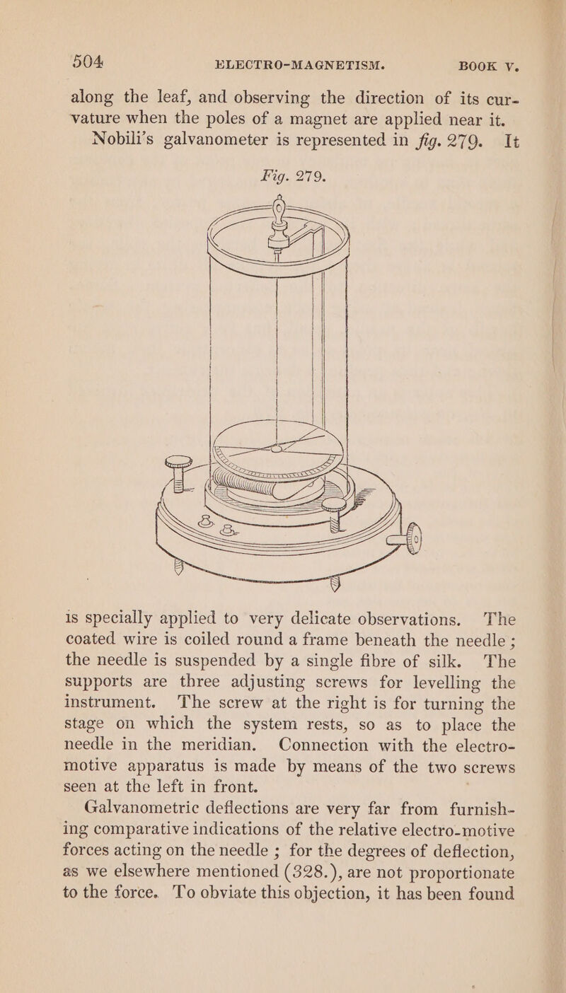 along the leaf, and observing the direction of its cur- vature when the poles of a magnet are applied near it. Nobili’s galvanometer is represented in fig. 279. It is specially applied to very delicate observations. The coated wire is coiled round a frame beneath the needle ; the needle is suspended by a single fibre of silk. The supports are three adjusting screws for levelling the instrument. The screw at the right is for turning the stage on which the system rests, so as to place the needle in the meridian. Connection with the electro- motive apparatus is made by means of the two screws seen at the left in front. Galvanometric deflections are very far from furnish- ing comparative indications of the relative electro-motive forces acting on the needle ; for the degrees of deflection, as we elsewhere mentioned (328.), are not proportionate to the force. To obviate this objection, it has been found