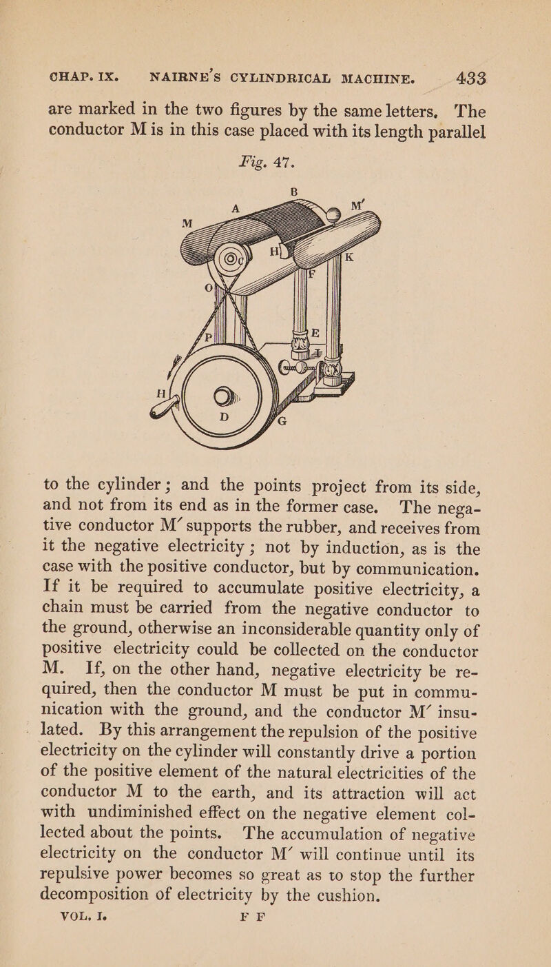 are marked in the two figures by the same letters. The conductor M is in this case placed with its length parallel to the cylinder; and the points project from its side, and not from its end as in the former case. The nega- tive conductor M’ supports the rubber, and receives from it the negative electricity ; not by induction, as is the case with the positive conductor, but by communication. If it be required to accumulate positive electricity, a chain must be carried from the negative conductor to the ground, otherwise an inconsiderable quantity only of positive electricity could be collected on the conductor M. If, on the other hand, negative electricity be re- quired, then the conductor M must be put in commu- nication with the ground, and the conductor M’ insu- - lated. By this arrangement the repulsion of the positive electricity on the cylinder will constantly drive a portion of the positive element of the natural electricities of the conductor M to the earth, and its attraction will act with undiminished effect on the negative element col- lected about the points. The accumulation of negative electricity on the conductor M’ will continue until its repulsive power becomes so great as to stop the further decomposition of electricity by the cushion. VOL, I. FF