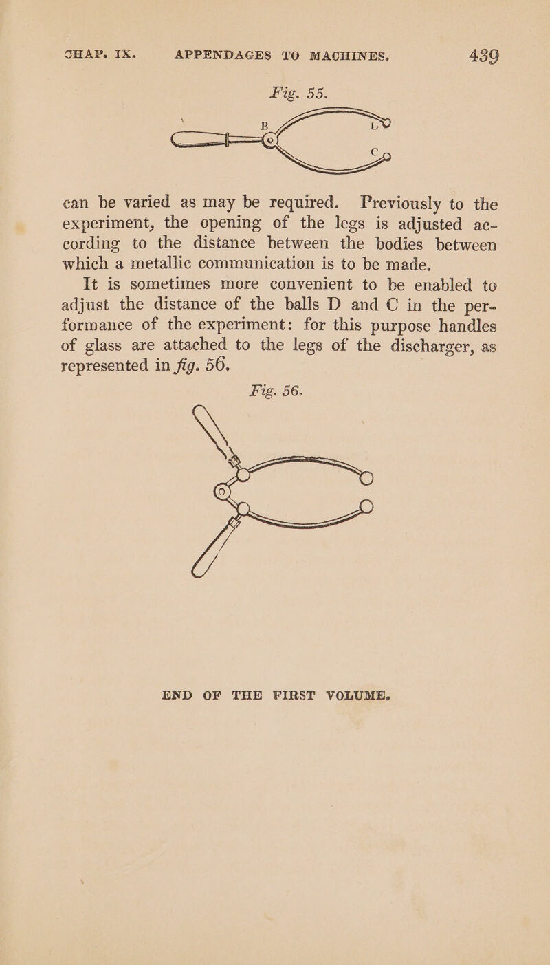 can be varied as may be required. Previously to the experiment, the opening of the legs is adjusted ac- cording to the distance between the bodies between which a metallic communication is to be made. It is sometimes more convenient to be enabled to adjust the distance of the balls D and C in the per- formance of the experiment: for this purpose handles of glass are attached to the legs of the discharger, as represented in fig. 56. | Fig. 56. END OF THE FIRST VOLUME,