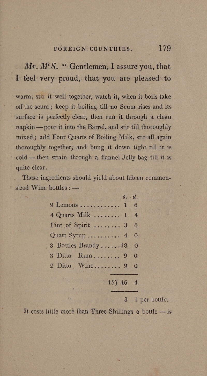 Mr. M‘S. ** Gentlemen, I assure you, that I feel: very proud, that’ you are pleased to warm, stir it well’ together, watch it, when it boils take off the scum; keep it boiling till no Scum rises and its surface is perfectly clear, then run-it through a clean napkin — pour it into the Barrel, and stir till thoroughly mixed; add Four Quarts of Boiling Milk, stir all again thoroughly together, and bung it down tight till it is cold —-then strain through a flannel Jelly bag till it is quite clear. These ingredients should yield about fifteen common- sized Wine bottles : — = tnd. Serna alt el ais we) « BANG 4 Quarts MOK oy hs 1.4 PUA OE DNIb) 2 ei ote atl 3 6 Gluatt Syrop's. eee 4 0 _ 3 Bottles Brandy...... 18 0 Be Lie, otitis) aaa ata 9 O 2° Ditto... Win@.. cach valy 9 0 15) 46 4 3 1 per bottle. It costs little more than Three Shillings a bottle — is
