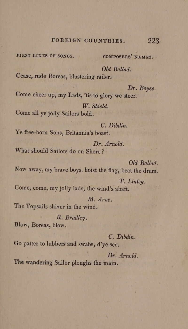 FIRST LINES OF SONGS. COMPOSERS’ NAMES, Old Ballad. Cease, rude Boreas, blustering railer. Dr. Boyee. Come cheer up, my Lads, ’tis to glory we steer. W. Shield. Come all ye jolly Sailors bold. C. Dibdin. Ye free-born Sons, Britannia’s boast. Dr. Arnold. What should Sailors do on Shore? Old Ballad. Now away, my brave boys, hoist the flag, beat the drum. T. Linley. Come, come, my jolly lads, the wind’s abaft. M. Arne. The Topsails shiver in the wind. R. Bradley. Blow, Boreas, blow. C. Dibdin. Go patter to lubbers and swabs, d’ye see. . Dr. Arnold. The wandering Sailor ploughs the main.
