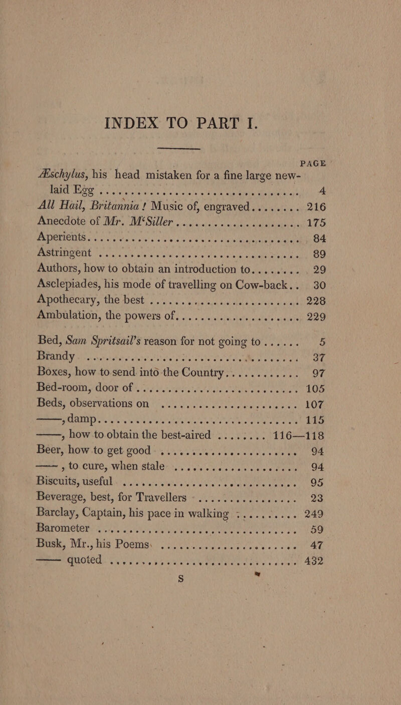 INDEX TO PART I. PAGE Aischylus, his head mistaken for a fine large new- SI ARBRE BE SED aera pA atu Bate ap eit fb All Hail, Britannia ! Music of, nena, ‘Viciteitain 216 Anecdote of Mr. DE Seller a: <.e:ss «maida sas eeoheies: 175 PRION fi elvte kinis's «sled vw 65a daa eRe 84 PEPE EMCI, F. Uicl c sik: kta b Salar tate vi Marples eRe 89 Authors, how to obtain an introduction to........ 29 Asclepiades, his mode of travelling on Cow-back.. 30 eypomecary,. the best: $00. 6. ins cate thes da cwad 228 Ambulation, the powers Of..........0eeeeeees 229 Bed, Sam Spritsail’s reason for not going to...... 5 MESS hee nbrcitee edocs Rerme mere ae an 37 Boxes, how to send. into the Country............ 97 BVOCU-TOOIN yg LOOY OF 54) seeteczda'ehalv aiele shee oie wl te oie 105 Pree, Oboetvations on), si ie 107 PAPA aera aN ants eaten tole Sot ke le re 115 how to obtain the best-aired ........ 116—118 Beet, bowie: wet poed =... ive slew cele ole . 94 erates gf AO. CUTE, WHEN Stale” >. isc cosa eeee een 94 RMON USOT oi ds esac eee BB Pig hehe 95 Beverage, best, for Travellers -.........c.000- 23 Barclay, Captain, his pace in walking -......... 249 Bea POMI OCS She nis ere Meee SL AGApie 59 tren, Wir. ing Poems, fie eRe es .. AZ —— quoted oe RT ass «esate 432
