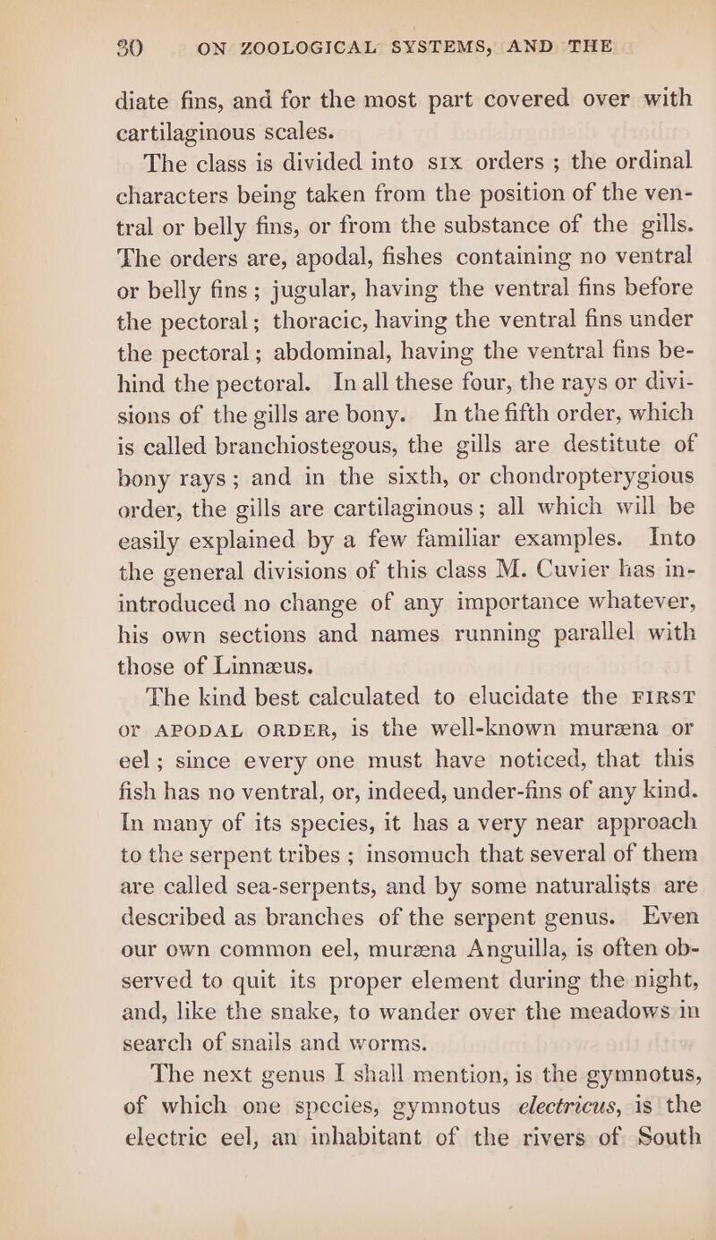 diate fins, and for the most part covered over with cartilaginous scales. The class is divided into s1x orders ; the ordinal characters being taken from the position of the ven- tral or belly fins, or from the substance of the gills. The orders are, apodal, fishes containing no ventral or belly fins; jugular, having the ventral fins before the pectoral; thoracic, having the ventral fins under the pectoral ; abdominal, having the ventral fins be- hind the pectoral. In all these four, the rays or divi- sions of the gills are bony. In the fifth order, which is called branchiostegous, the gills are destitute of bony rays; and in the sixth, or chondropterygious order, the gills are cartilaginous ; all which will be easily explained by a few familiar examples. Into the general divisions of this class M. Cuvier has in- introduced no change of any importance whatever, his own sections and names running parallel with those of Linnzeus. The kind best calculated to elucidate the First or APODAL ORDER, is the well-known murzna or eel; since every one must have noticed, that this fish has no ventral, or, indeed, under-fins of any kind. In many of its species, it has a very near approach to the serpent tribes ; insomuch that several of them are called sea-serpents, and by some naturalists are described as branches of the serpent genus. Even our own common eel, mureena Anguilla, is often ob- served to quit its proper element during the night, and, like the snake, to wander over the meadows in search of snails and worms. The next genus I shall mention, is the gymnotus, of which one species, gymnotus electricus, is the electric eel, an inhabitant of the rivers of South