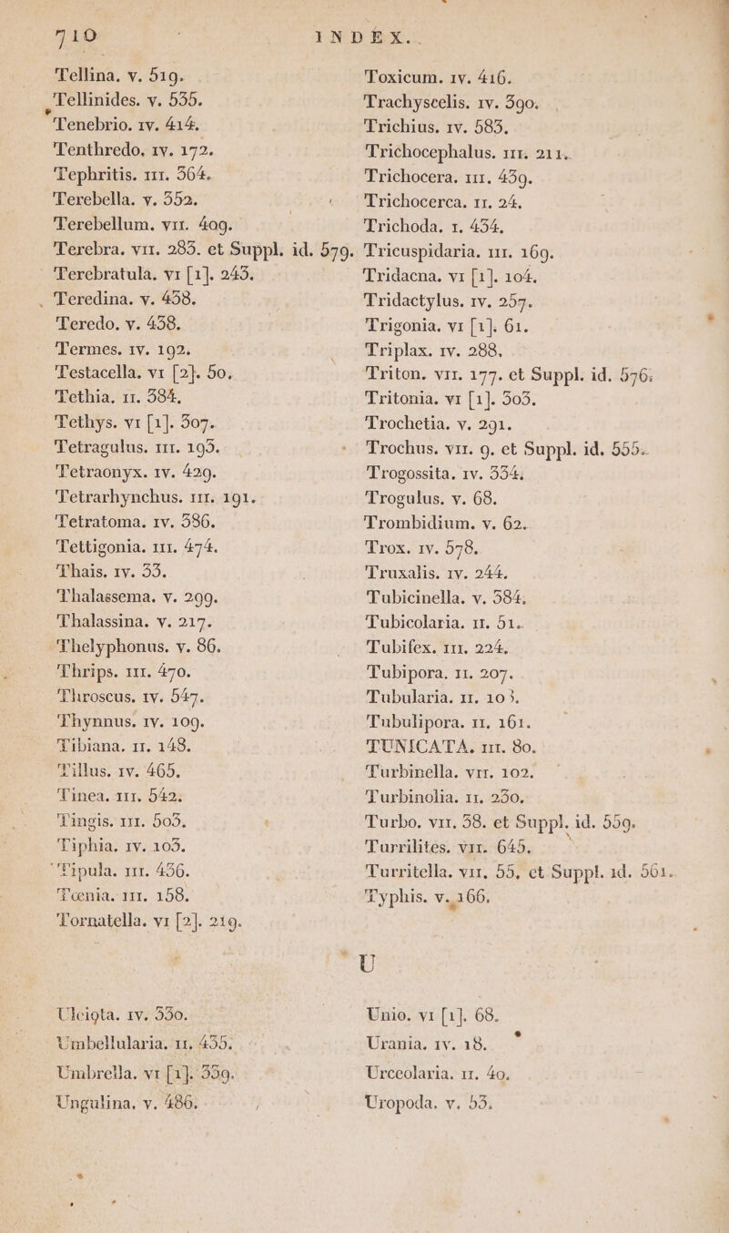 719 Tellina. v. 510. ,Tellinides. v. 555. Tenebrio. 1v. 414, Tenthredo, 1v. 172. Tephritis. 111. 564. Terebella. v. 352. Terebellum. vit. 400. Terebra. vi. 285. et Suppl. id. 570. _ Terebratula. vr [1]. 243. . Teredina. v. 458. Teredo. v. 458. Termes. IV. 102, Testacella. vr [2}. 5o. Tethia. 11. 384. Tethys. vi [1]. 307. Tetragulus. 111. 105. Tetraonyx. 1v. 420. Fetrarhynchus. 111. 101. Tetratoma. 1v. 536. Tettigonia. 111. #74. Thaïs, 1v. 33. T'halassema. v. 200. Thalassina. v. 217. Thelyphonus. v. 86. Thrips. 111. 470. TFhroscus. 1v. 547. Thynnus. 1V. 109. Tibiana. 11. 148. Lillus. 1v. 465. Tinea. 117, 542: Tingis. 111. bo. Fiphia. 1v. 105. ‘Pipula. 1tr. 436. Toœnia, 111. 158. Fornatella. vr [2]. 219. Toxicum. 1v. 416. Trachyseelis. 1v. 390. Trichius. 1v. 583, Trichocephalus. 111. 211. Trichocera. 111. 430. Trichocerca. 11. 24, Trichoda. r. 434. Tricuspidaria. 111. 169. Tridacna. vi [1]. 104. Tridactylus. rv. 257. Trigonia. vr [1]. 61. Triplax. 1rv. 288, Triton. vrr. 177. et Suppl. id. 576: Tritonia. vr [1]. 505. Trochetia. v. 291. Trochus. vir. 0. et Suppl. id. 555. Trogossita, 1v. 334. Trogulus. v. 68. Trombidium. v. 62. Trox. 1v. 578. Truxalis. 1v. 244. Tubicinella. v. 584, Tubicolaria. 11. 51. Tubifex. 111. 224, Tubipora. 11. 207. Tubularia. 11. 10 j. Tubulipora. 11, 161. TUNICATA. 111. 80. Turbinella. vrr. 102. Turbinolia. 11. 280. Turbo. vrr. 58. et Suppl. id. 550. Turrilites, vit. 645. ; Turritella. vir, 55, et Suppl. id. 561. Typhis. v. 166. Ulcigta. 1v. 350. Umbellularia. 11, 455. Umbreïla. vi [1]. 350. Unio. vi [1]. 68. Uranmia. 1v. 18. Urceolaria. 11. 40.