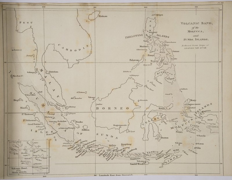 VoLCANIC BAND, MOLUCCA, ¥ AA SUNDA ISLANDS. Reduced from Alaps or ZEOPOLD VON BUCH: \ Ua BO p  7 lithammianes\oxy Balabac &amp; ° PBangucv Le, == = : Sia 8, (Aut be ; = ==* S ; = _P2ScheerodN) \ Good AS ES NLoIgs © a v5 wa VY 3 = 2eGunong-D Apo CracHtonk @ y a a a : 74. : |! L/S . | 110. Loneitude East fram Greenwich.