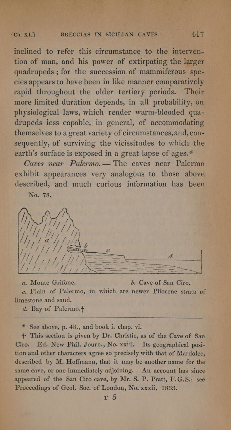 inclined to refer this circumstance to the interven- tion of man, and his power of extirpating the larger quadrupeds ; for the succession of mammiferous spe- cles appears to have been in like manner comparatively rapid throughout the older tertiary periods. Their more limited duration depends, in all probability, on physiological laws, which render warm-blooded qua- drupeds jess capable, in general, of accommodating themselves to a great variety of circumstances, and, con- sequently, of surviving the vicissitudes to which the earth’s surface is exposed in a great lapse of ages. * Caves near Palermo.— The caves near Palermo exhibit appearances very analogous to those above described, and much curious information has been No. 78. limestone and sand. d. Bay of Palermo.f * See above, p. 48., and book i. chap. vi. + This section is given by Dr. Christie, as of the Cave of San Ciro. Ed. New Phil. Journ., No. xxiii. Its geographical posi- tion and other characters agree so precisely with that of Mardolce, described by M. Hoffmann, that it may be another name for the same cave, or one immediately adjoining. An account has since appeared of the San Ciro cave, by Mr. S. P. Pratt, F.G.S.: see Proceedings of Geol. Soc. of London, No. xxxii. 1833. bes