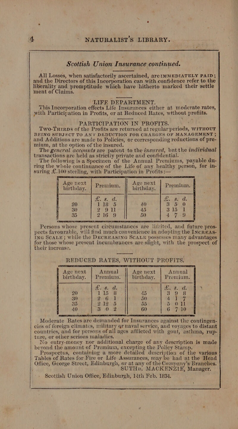 Scottish Union Insurance continued. All Losses, when satisfactorily ascertained, are IMMEDIATELY PAID; and the Directors of this Incorporation can with confidence refer to the liberality and promptitude which haye hitherto marked their settle ment of Claims. : ‘LIFE DEPARTMENT. This Incorporation effects Life Insurances either at modcrate rates, with Participation in Profits, or at Reduced Rates, without profits. PARTICIPATION IN PROFITS. Two-Tutrps of the Profits are returned at regular periods, WITHOUT BEING SUBJECT TO ANY DEDUCTION FOR CHARGES OF MANAGEMENT ; and Additions are made to Policies, or corresponding reductions of pre- 4 The general accounts are patent to the insured, but the individual transactions are held as strictly private and confidential. The following is a Specimen of the Annual Premiums, payable du- ring the whole continuance of the Life of any healthy person, for in- suring £.100 sterling, with Participation in Profits :— Age next . Age next gad” birthday. Premium. birthd ay. Premium. Ca My A zoe a 20 118 5 40 3° 5° 0 ; 30 2 911 45 ul Wes ee bes ame | 35 2.169 50) 4.47 .-9 f Persons whose present circumstances are limited, and future pros- pects favourable, will find much convenience in adopting the INcREAS- — ING SCALE; while the DECREASING SCALE possesses many advantages for those whose present incumbrances are slight, with the prospect of their increase. REDUCED RATES, WITHOUT PROFITS. pe Age next Annual Age next Annual H birthday. | Premium. birthday. | Premium. Ke ibs hs elt. ’ 20 145 3 45 3 9 8 39 2G 50 ae Wri 35 212.5 55 5 01] 40 my A), 60 O70 Moderate Rates are demanded for Insurances against the contingen- cies of foreign climates, military qr naval service, and voyages to distant countries, and for persons of all ages afflicted with gout, asthma, rup- ture, or other serious maladies. No entry-money nor additional charge of any description is made beyond the amount of Premium, excepting the Policy Stamp. Prospectus, containing a more detailed description of the various Tables of Rates for Fire or Life Assurances, may be had at the Head Office, George Street, Edinburgh, or at any of the Company’s Branches. SUTHp. MACKENZIE, Manager. ' Scottish Union Office, Edinburgh, 14th Feb. 1834.