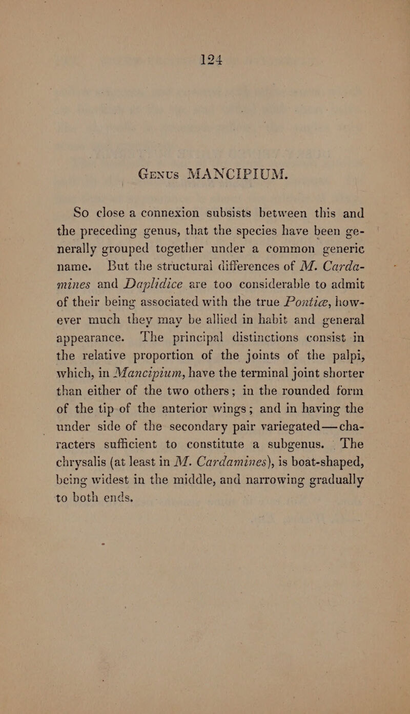 Genus MANCIPIUM. So close a connexion subsists between this and the preceding genus, that the species have been ge- nerally grouped together under a common generic name. But the structural differences of M. Carda- mines and Daplidice are too considerable to admit of their being associated with the true Pontia, how- ever much they may be allied in habit and general appearance. ‘The principal distinctions consist in the relative proportion of the joints of the palpi, which, in Mancipium, have the terminal joint shorter than either of the two others; in the rounded form of the tip of the anterior wings; and in having the under side of the secondary pair variegated —cha- racters sufficient to constitute a subgenus. The chrysalis (at least in M. Cardamines), is boat-shaped, being widest in the middle, and narrowing gradually to both ends,