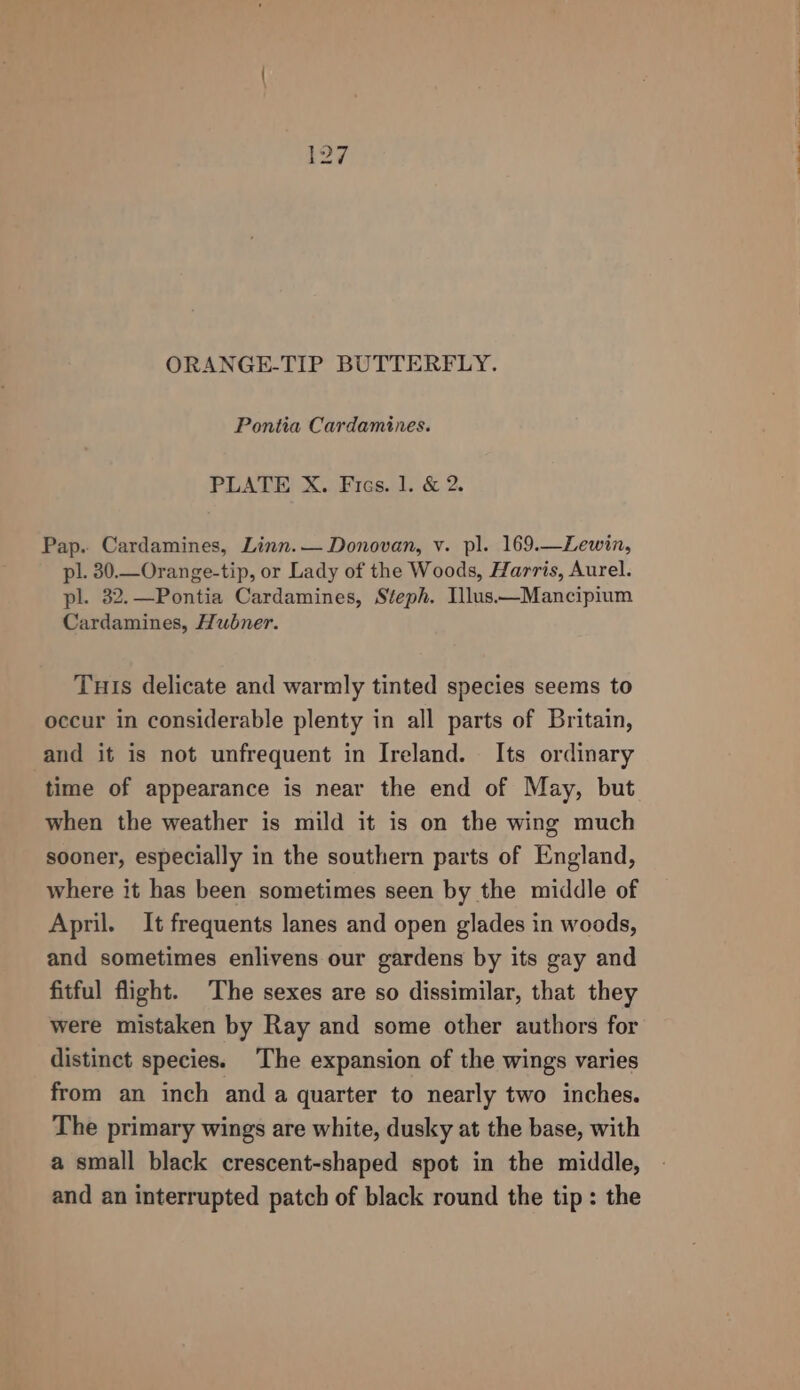 ORANGE-TIP BUTTERFLY. Pontia Cardamines. PLASE: X. Fras. I. -&amp; 2. Pap. Cardamines, Linn.— Donovan, v. pl. 169.—Lewin, pl. 30.—Orange-tip, or Lady of the Woods, Harris, Aurel. pl. 32.—Pontia Cardamines, Steph. Ulus—Mancipium Cardamines, Hubner. Tuts delicate and warmly tinted species seems to occur in considerable plenty in all parts of Britain, and it is not unfrequent in Ireland. Its ordinary time of appearance is near the end of May, but when the weather is mild it is on the wing much sooner, especially in the southern parts of England, where it has been sometimes seen by the middle of April. It frequents lanes and open glades in woods, and sometimes enlivens our gardens by its gay and fitful flight. The sexes are so dissimilar, that they were mistaken by Ray and some other authors for distinct species. The expansion of the wings varies from an inch and a quarter to nearly two inches. The primary wings are white, dusky at the base, with a small black crescent-shaped spot in the middle, and an interrupted patch of black round the tip: the