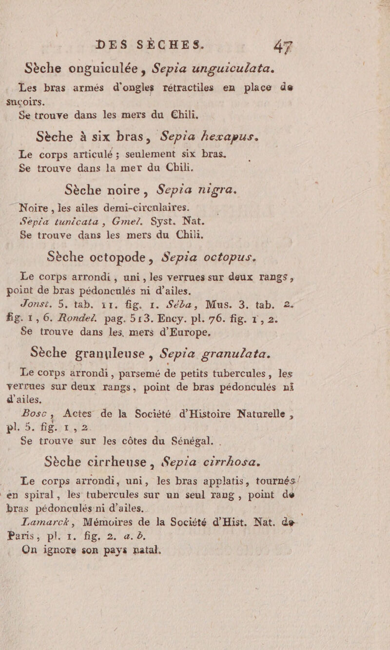 Sèche onguiculée, Sepia unguiculata. Les bras armés d'ongles rétractiles en place de suÇoirs. Se trouve dans les mers du Ehili. Sèche à six bras, Sepia hexapus. Le corps articulé ; seulement six bras. Se trouve dans la mer du Chili. Sèche noire, Sepia nigra. ” Noire, les ailes demi-circulaires. Sépia tunicata , Gmez. Syst. Nat. Se trouve dans les mers du Chi. Sèche octopode, Sepia octopus. Le corps arrondi, uni, les verrues sur deux rangs, point de bras pédonculés ni d’ailes. Jonst. 5, tab. 11. fig. 1. Séla, Mus. 3. tab. 2. Big. 1,6. RondeZ pag. 513. Ency. pl. 76. fig. 7, 2. Se trouve dans les, mers d'Europe. Sèche granuleuse , Sepia granulata. Le corps arrondi, parsemé de petits tubercules, les verrues sur deux rangs, point de bras pédonculés ni d'ailes. Bosc, Actes de la Société d'Histoire Naturelle, PL SSL 2 Se trouve sur les côtes du Sénégal. . Sèche cirrheuse, Sepia cirrhosa. Le corps arrondi, uni, les bras applatis, tournés en spiral, les tubercules sur un seul rang , point de bras pédonculés ni d’ailes. ù Lamarck, Mémoires de la Société d'Hist. Nat. de- Paris; pl: 1. fig, 2, 4.0. On ignote son pays natal,