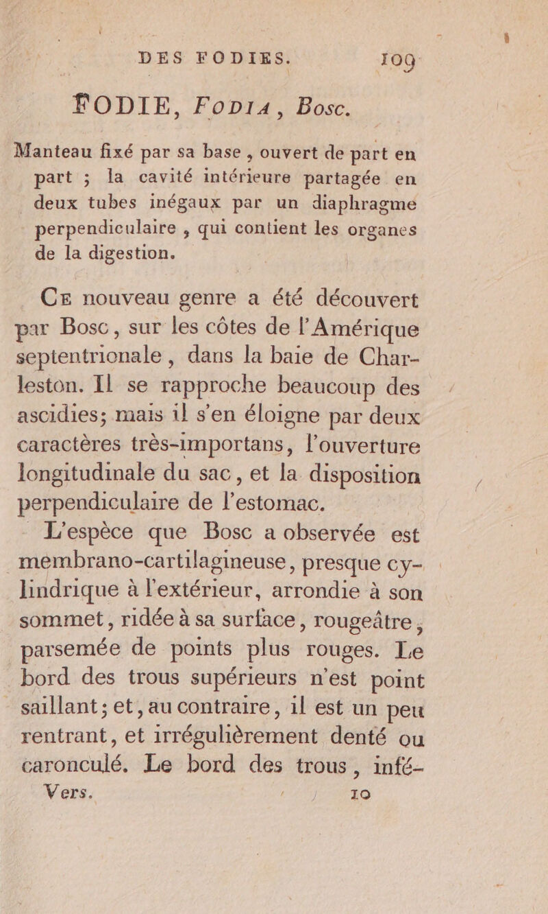 DES FODIES. 100 FODIE, Fop14, Bosc. Manteau fixé par sa base , ouvert de part en Po nd P part ; la cavité intérieure partagée en deux tubes inégaux par un diaphragme perpendiculaire , qui contient les organes de la digestion. CE nouveau genre a été découvert par Bosc, sur les côtes de l'Amérique septentrionale , dans la baie de Char- leston. IL se rapproche beaucoup des ascidies; mais il s'en éloigne par deux caractères très-importans, l'ouverture longitudinale du sac, et la disposition perpendiculaire de l'estomac. _ L'espèce que Bosc a observée est meémbrano-cartilagineuse, presque cy- lindrique à l'extérieur, arrondie à son sommet, ridée à sa surface, rougeâtre, parsemée de points plus rouges. Le bord des trous supérieurs n'est point saillant ; et, au contraire, il est un peu rentrant, et irréguhièrement denté ou Énréhontéi Le bord des trous, infé-