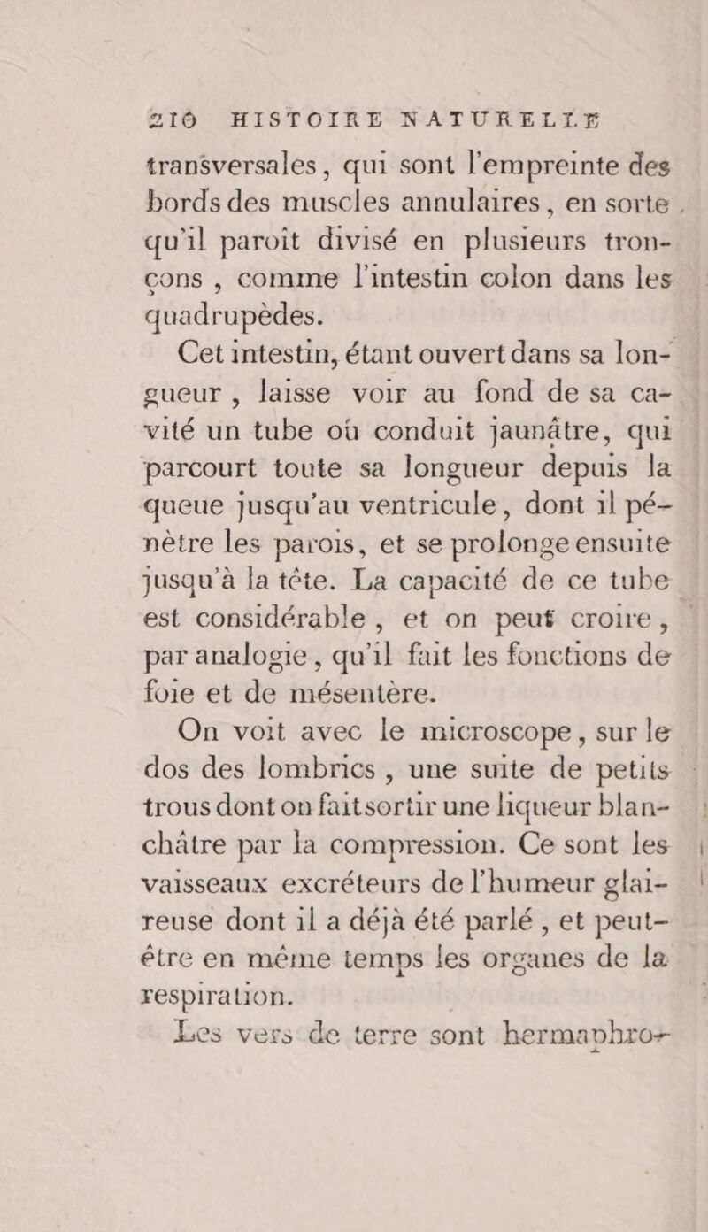 transversales, qui sont l'empreinte des bords des muscles annulaires , en sorte . qu'il paroit divisé en plusieurs tron- cons , comme l'intestin colon dans les quadrupèdes. Cet intestin, étant ouvert dans sa lon- sueur , laisse voir au fond de sa ca- vité un tube où conduit jaunâtre, qui parcourt toute sa longueur depuis la queue jusqu’au ventricule , dont 1l pé- nètre les parois, et se prolonge ensuite jusqu'à la tête. La capacité de ce tube est considérable , et on peut croire, par analogie , qu'il fait Les fonctions de foie et de mésentère. On voit avec le microscope, sur le dos des lombnics , une suite de petits trous dont on faitsortir une liqueur blan- châtre par la compression. Ce sont les vaisseaux excréteurs de l'humeur glai- reuse dont il a déjà été parlé , et peut- étre en méme temps les organes de la respiration. Les vers de terre sont hermavhro--