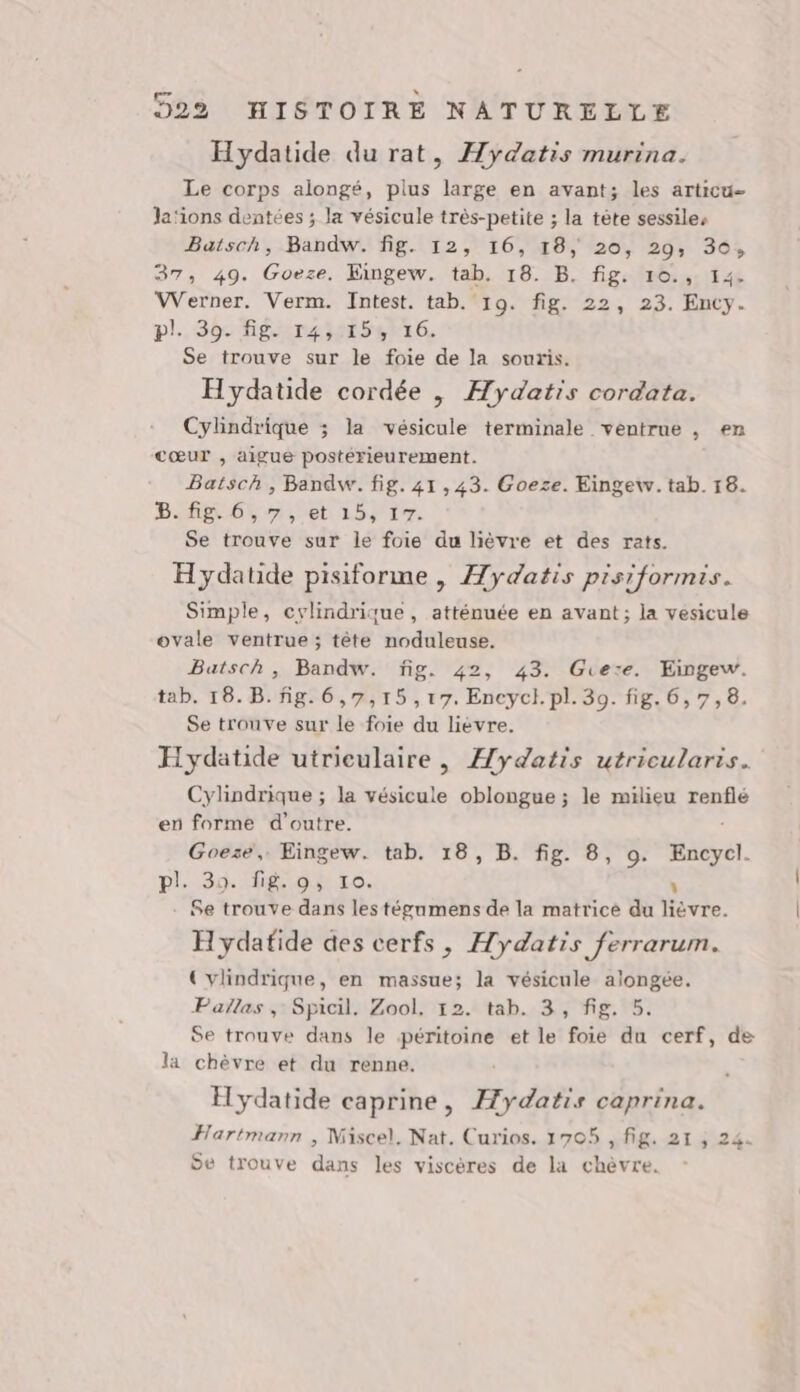 gp Hydatide du rat, Hydatis murina. Le corps alongé, plus large en avant; les articu- la'ions dentées ; la vésicule très-petite ; la tète sessiles Batsch, Bandw. fig. 12, 16, 18, 20, 29, 30, 37, 49. Goeze. Eingew. tab. 18. B. fig. 10.,. 14 Werner. Verm. Intest. tab. 19. fig. 22, 23. Ency. pl... 30 gens ssisert6 Se trouve sur le foie de la souris. Hydatide cordée , Hydatis cordata. Cylindrique ; la vésicule terminale ventrue , en cœur , aigue postérieurement. Batsch , Bandw. fig. 41,43. Goeze. Eingew. tab. 18. B. fig. Fes CHLOSSE T7: Se trouve sur le foie du lièvre et des rats. Hydatide pisiforme , Hydatis pisiformis. Simple, cylindrique, atténuée en avant; la vesicule ovale ventrue ; tête noduleuse. Batsch, Bandw. fig. 42, 43. Gre:e. Eingew. tab. 18.B. fig. 6,7,15,17. Encycl.pl. 30. fig. 6,7,8. Se trouve sur le foie du lievre. Hydatide utriculaire, Hydatis utricularis. Cylindrique ; la vésicule oblongue ; le milieu renflé en forme d’outre. NE: Eingew. tab. 18, B. fig. 8, o. Encycl. pl. 39. fig. 9, 10. \ se trouve dans les tégumens de la matrice du lièvre. Hydafide des cerfs, Hydatis ferrarum. UCvylindrique, en massue; la vésicule alongée. Paflas , Spicil. Zool, 12. tab. 3, fig. 5. Se trouve dans le péritoine et le foie du cerf, de la chèvre et du renne. Hydatide caprine, Hydatis caprina. Hartmann , Miscel, Nat. Curios. 1705 , fig. 21 ; 24. Se trouve dans les viscères de la chèvre.