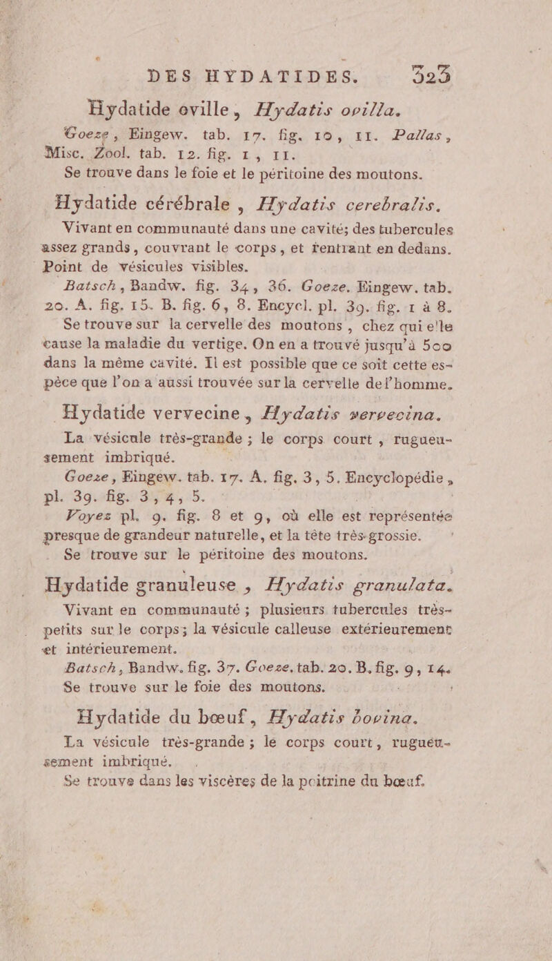 E ydatide oville, ÆHydatis opilla. Goeze, Eingew. tab. 17. fig. 10, 11. Palas, Misc. Zool. tab. 12. D'RNLÉ TI: Se trouve dans le foie et le péritoine des moutons. Hydatide cérébrale , Hydatis cerebralis. Vivant en communauté dans une cavité; des tubercules assez grands, couvrant le corps, et rentrant en dedans. Point de vésicules visibles. Batsch, Bandw. fig. 34, 36. Goeze. Eingew. tab. 20. À. fig. 15. B. fig. 6, 8. Encyel. pl. 39..fig.:1 à 8. Se trouve sur la cervelle des moutons, chez quie!le cause la maladie du vertige. On en a trouvé jusqu’à 5co dans la même cavité. Il est possible que ce soît cette es- pèce que l’on a aussi trouvée sur la cervelle del’homme. Hydatide vervecine, Hydatis vervecina. La vésicule très-grande ; le corps court , rugueu- sement imbriqué. Goeze, Eingew. tab. 17. À, fig. 3,5, A pl. 39. fig. 3,4, 5. Voyez pl. 9. fig. 8 et 9, où elle est représentée presque de grandeur naturelle, et la tête très-grossie. Se trouve sur le it des moutons. Hydatide granuleuse , Hydatis granulata. Vivant en communauté ; plusieurs tubercules très petits sur le corps; la vésicule calleuse extérieurement æt intérieurement. Batsch, Bandw. fig. 37. Goeze. tab. 20, B,. ñg. 9; ve Se trouve sur le foie des moutons. Hydatide du bœuf, Hydatis bovina. La vésicule très-grande ; le corps court, ruguéu- sement imbriqué,