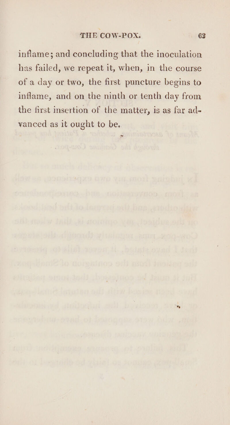 inflame; and concluding that the inoculation has failed, we repeat it, when, in the course of a day or two, the first puncture begins to inflame, and on the ninth or tenth day from the first insertion of the matter, is as far ad- vanced as it ought to be. ~