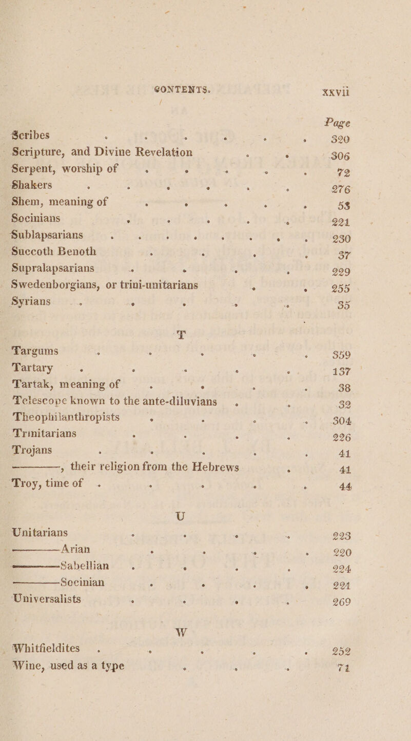 j f Scribes : : : , - Scripture, and Divine Revelation Serpent, worship of : ° : Shakers ; : . ° Shem, ‘meaning of “ . . Socinians 5 : : Sublapsarians : ‘ ; ° ; Succoth Benoth : : Supralapsarians .* . . _ Swedenborgians, or trini-unitarians Syrians —. ° . ° © Targums ; : : Martary = -. ° . : Tartak, meaning of ; ° Telescope known to the ante-diluvians . Theopiiianthropists s : _ Trinitarians : f Trojans ; : ° , their religion from the Hebrews Troy, time of . , ° U Unitarians : : . Avian : ; Sabellian . . : | Secinian ; ° Universalists ° : ° W Whitfieldites . ip rc . Wine, used as a type ; f