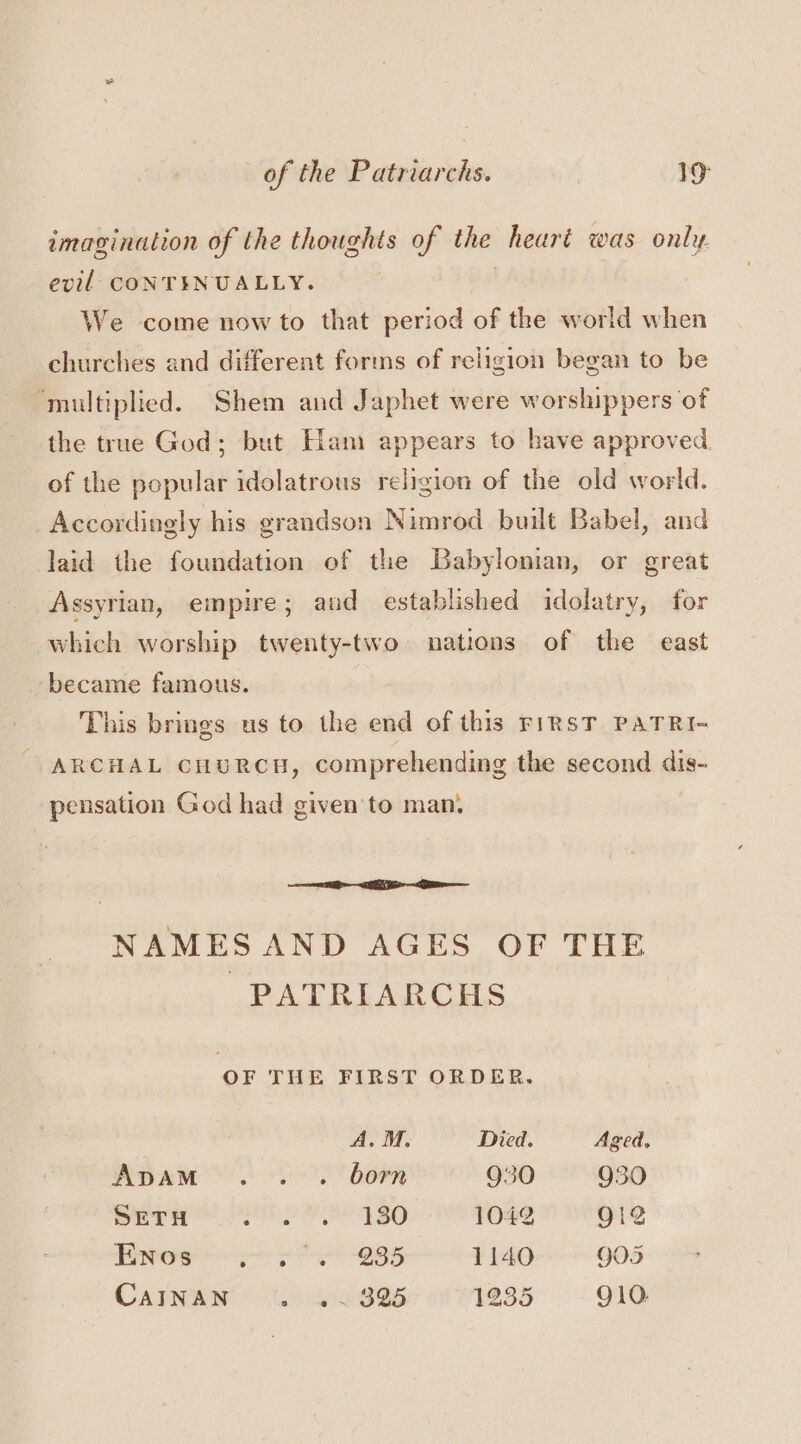 of the Patriarchs. 19° imagination of the thoughts of the heart was only evil CONTINUALLY. | We come now to that period of the world when churches and different forms of religion began to be ‘multiplied. Shem and Japhet were worshippers of the true God; but Ham appears to have approved. of the popular idolatrous religion of the old world. Accordingly his grandson Nimrod built Babel, and laid the foundation of the Babylonian, or great Assyrian, empire; and established idolatry, for which worship twenty-two nations of the east became famous. This brings us to the end of this riRsT PATRI- ARCHAL CHURCH, comprehending the second dis- pensation God had given to man. EE NAMESAND AGES OF THE PATRIARCHS OF THE FIRST ORDER. A.M. Diced. Aged, ApAM ..... born 930 930 SETH MEE MBCA SO 1042 O12 1D a ear ate eaal el 8 1140 gos
