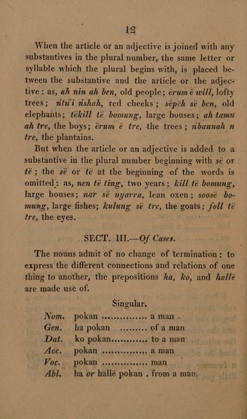 1g When the article or an adjective is joined with any substantives in the plural number, the same letter or syllable which the plural begins with, is placed be- tween the substantive and the article or the adjec- tive: as, ah nin ah ben, old people; érum é will, lofty trees; ntui nshah, red cheeks ; sépeh sé ben, old elephants; tékill té bomung, large houses; ah tamu ah tre, the boys; érum é tre, the trees ; nbannah n tre, the plantains. But when the article or an adjective is added to a substantive in the plural number beginning with sé or té; the sé or té at the beginning of the words is - omitted: as, nen té ling, two years; kill té bomung, large houses; nar sé nyarra, lean oxen; soosé bo- mung, large fishes; kulung sé tre, the seat: foll té tre, the eyes. SECT. 1IL—Of Cases. The nouns admit of no change of termination: to express the different connections and relations of one thing to another, the prepositions ka, ko, and hallé are made use of. Singular. Nom. pokan ..0.....05..06. A Man « Gen. . ha pokan _ ......... of a man Dat. ko pokan............ to a man’ Acc. pokan oor... A Man Vog. «\, pokan ..s5c+scexeese., MAN Abl. ha or hallé pokan . from a maw.