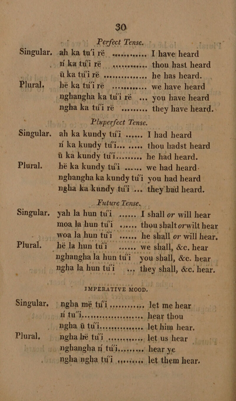 Singular. Plural. Singular. Plural. Singular. Plural. Singular. Plural, | 30. Perfect Tense. a ah ka tui ré ....e¢eee0e. T have heard Nkatuli ré ....seceese. thou hast heard tka tui ré ....,......2... he has heard. hé ka tuiré ....4....... we have heard nghangha ka tui ré_... you have heard ngha ka tui ré ......... they have heard. : Pluperfect Tense. ah ka kundy tui ..,... I had heaee i ka kundy tu’i... ..... thou hadst heard a ka kundy tu’i......... he had heard. hé ka kundy tui ....... we had heard- nghangha ka kundy tu’i you had heard aber € Tense. ‘ yah la hun 5M ie aa I shall or will hear moa la hun ti 1 osee6e thou shalt orwilt hear woa la hun tui in dee he shall or will hear. hé la hun tui pe we shall, &amp;c. hear ngha la hun tu'i.., they shall, &amp;c. hear. IMPERATIVE MOOD. 'ngha mé tu’ i a cpr Jet me hear n tu’i.. Peasintiaheadee hear thou ngha a tv... scesseceevee let him hear, nghangha ii tu’i........ hear ye ngha ngha ti, ageeseves let, them hear. al ee