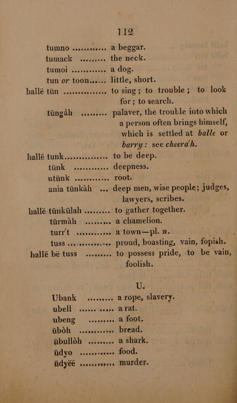 {UMNO seesseeeeeee A DEQLAT. tumack seccccees the neck. LUMO] «2. secceeres a dog. tun or toon...... little, short. hallé tin ...... sea eeee . to sing; to trouble; to look for; to search. tingah ......... palaver, the trouble into which a person often brings himself, which is settled at badle or barry: see cheeradh. hallé tunk.......seceeese to be deep. LONE Sisiesocuens deepness. ULTINK werecccscees root. ania tunkah ... deep men, wise people; judges, lawyers, scribes. hallé tankdlah ......... to gather together. tirmah ......... a chamelion. Currt staves. sp .. atown—pl. n. {USS ...-seseeeesree proud, boasting, vain, fopish. hallé bé tuss ......... to possess pride, to be vain, foolish. . U. Ubank ......... a rope, slavery. ubell ...... ceeee arat. ubeng —..seeeeee, @ foot. Hboh . ...0+...ae0 bread. abulloh ..... w a Shark. Tid yO ..scsereeeee food. Tidyéé ......cceeee murder.