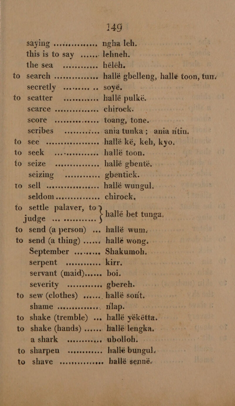 this is to say ...... lehneh. thie-Sea). sides esesize héléh. to searches. ivececesics »» hallé gbelleng, hallé toon, tun; Secretly .c.rresee oo SOVEs to scatter <...e..- »- Hallé pulké. SEAECO! ay cies ee. Chirock. SCOTE .eeeee soo-coeee toang, tone. scribes ........3... ania tunka; ania utin. Ne) Sry » hallé ké, keh, kyo. to seek ...+00. Vedeunds hallé toon. to seize ws... pecaghey hallé ebenté. REMIND S ia sckd ecards. gbentick. TO SELL sien evs evoveseee Hallé wungul. SELMODI ss ecaesedeves .. chirock, to settle palaver, to ; ey ae oh MRD OG Tic cendengivas Esse to send (a person) ... hallé wum. to to to to saying ooecseece oe send (a thing) .. September ..... Serpent sesseeee 149 es. ngha leh. vs hallé wong. sees Shakumoh., ..e. kirr. SHAME .corseseees shake (tremble) shake (hands) .. ashark ......0 ees, Hlap. ee hallé yékétta. . hallé lengka. - es» Ubolloh.