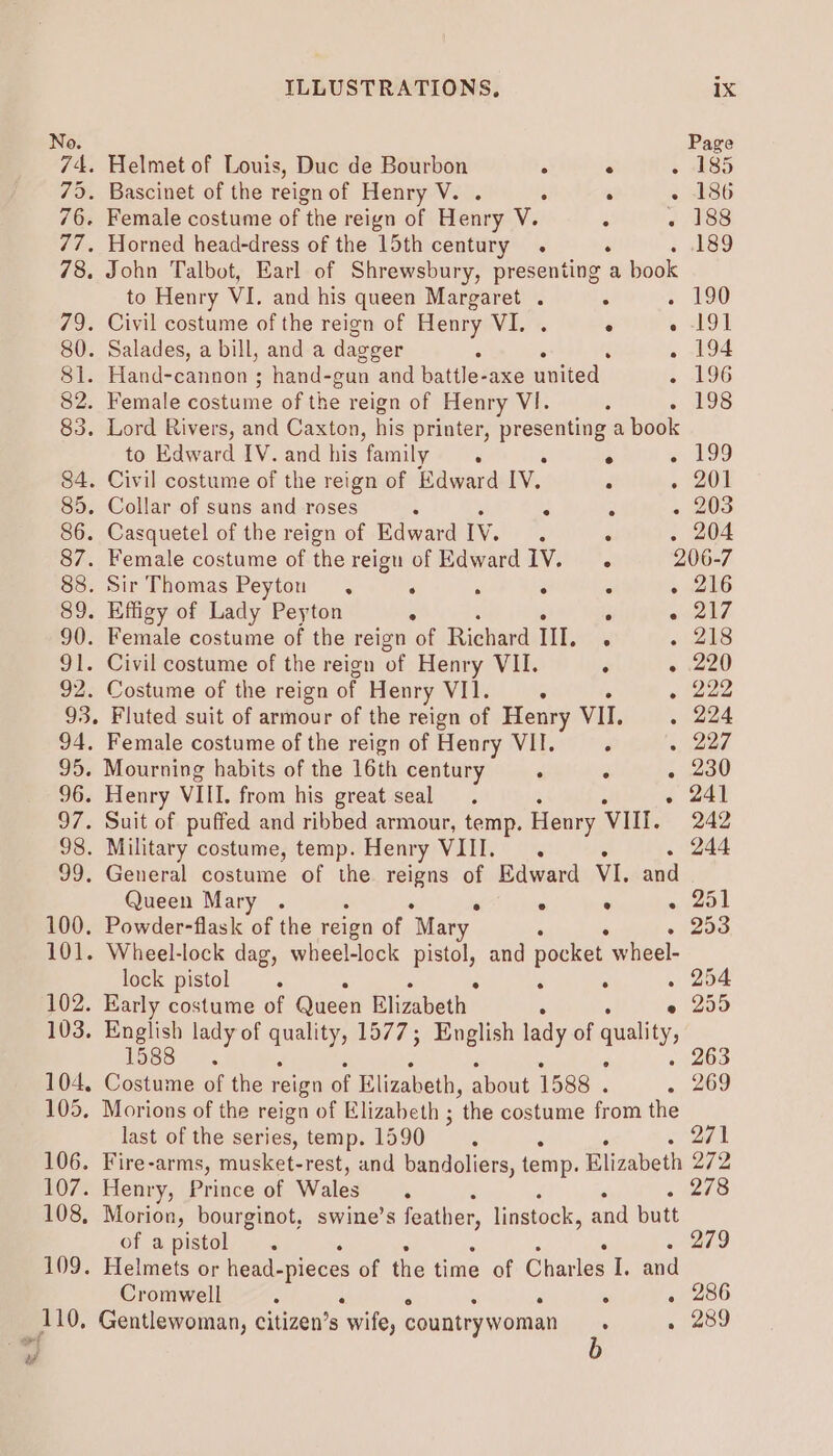 No. Page 74. Helmet of Louis, Duc de Bourbon . ° 185 75. Bascinet of the reign of Henry V. . . . ~ 186 76. Female costume of the reign of Henry V. : . 188 77. Horned head-dress of the 15th century . . 189 78. John Talbot, Earl of Shrewsbury, presenting a book to Henry VI. and his queen ners : . 190 79. Civil costume of the reign of Henry VI. ° . 191 80. Salades, a bill, and a dagger : . 194 81. Hand-cannon ; hand-gun and battle-axe united &gt; 196 82. Female costume of the reign of Henry VI. + LS 83. Lord Rivers, and Caxton, his printer, eaaea: a book to Edward IV. and his family ‘ é . 199 84. Civil costume of the reign of Edward Iv. * . 201 85. Collar of suns and roses . 3 - 203 86. Casquetel of the reign of Edward iv. *. : . 204 87. Female costume of the reigu of Edward IV... 206-7 88. Sir Thomas Peyton . . ‘ . . . 216 89. Effigy of Lady Peyton ° : suekd 90. Female costume of the reign of Richard III. . « 218 91. Civil costume of the reign of Henry VII. : - 220 92. Costume of the reign of Henry VII. . » 222 93. Fluted suit of armour of the reign of Henry VII. . 224 94. Female costume of the reign of Henry VII. r «, 227 95. Mourning habits of the 16th century : . 230 96. Henry VIII. from his great seal. » 241 97. Suit of puffed and ribbed armour, temp. Henry VIII. 242 98. Military costume, temp. Henry VIII. . . 244 99. General costume of the reigns of Edward VI. and Queen Mary . . ° - 251 100. Powder-flask of the reign of “Mary » 253 101. Wheel-lock dag, wheel-lock pistol, and pocket wheel- lock pistol . . : . 254 102. Early costume of Bacon Blizaheth e 259 103. ere eis lady of ae 1577; English lady of quality, 158 104, Costume of the reign of El izabeth, about 1588 . : 369 105. Morions of the reign of Elizabeth ; ‘the costume from the last of the series, temp. 1590. : ; 271 106. Fire-arms, musket-rest, and bandoliers, temp. Elizabeth 272 107. Henry, Prince of Wales A ‘&lt; ieee 108, Morion, bourginot, swine’s feather, linstock, and butt of apistol . F 279 109. Helmets or head-pieces of the time of Charles I. and Cromwell 5 : : . 286 110, Gentlewoman, citizen’s wife, country woman . . 289