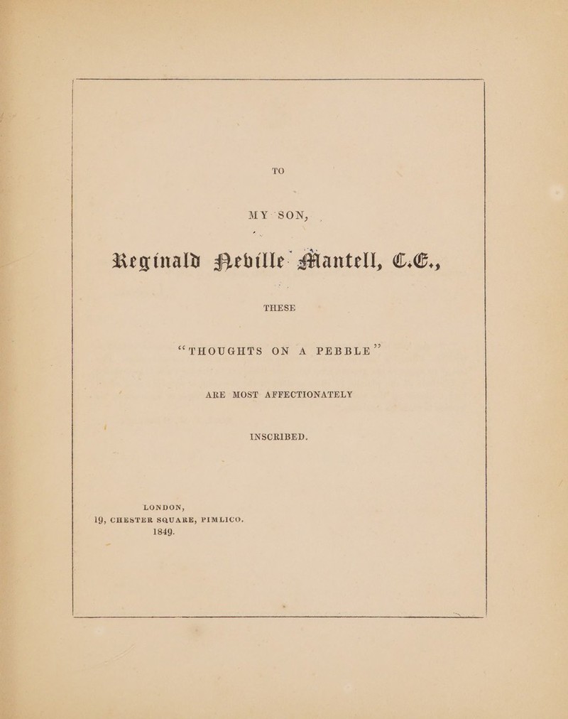 TO MY SON, Reginald Pebville Mantell, C.G., ae “THOUGHTS ON A PEBBLE” INSCRIBED. LONDON, 19, CHESTER SQUARE, PIMLICO. 1849. =