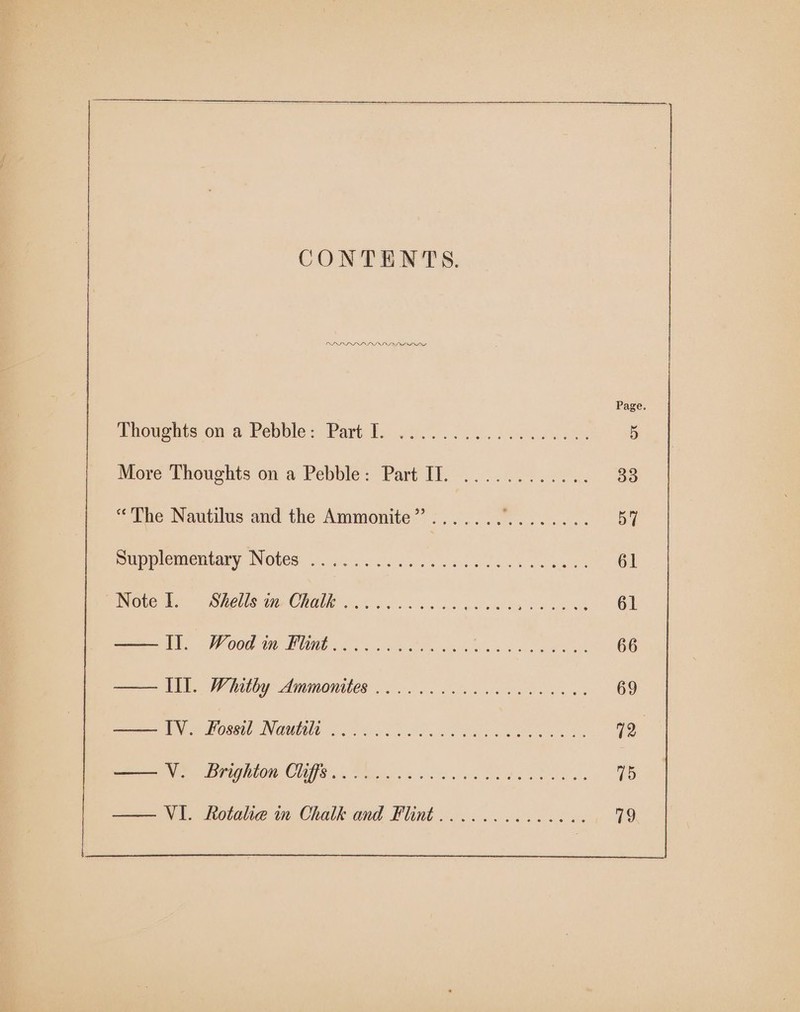 CONTENTS. PDP LDP DIVIL APIO Thoughts on a Pebble: Part I. ..... More Thoughts on a Pebble: Part IT. ............ “The Nautilus and the Ammonite”....... Frc Se ee papplementary Notes 2.00.6. be. eee e es cua bs Note ts Shes te CRA oe ew cc cw —— Il. Woodin Flunt........ —— III. Whitby Ammonites .... 00.000 000000.0.. a Pose Nowe 2. ee oo ORE een es ee NS Brighion CHYS.. Whee es ve aa eas. —— VI. Rotalie in Chalk and Flint ..........