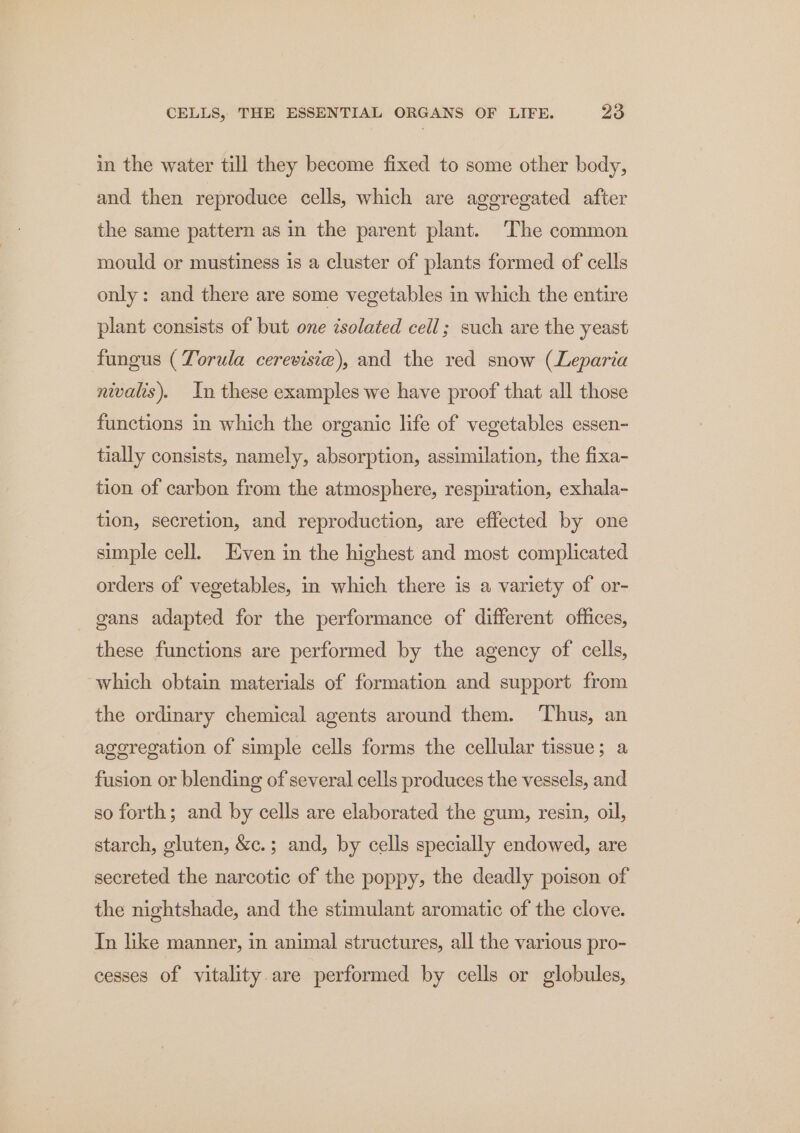 in the water till they become fixed to some other body, and then reproduce cells, which are aggregated after the same pattern as in the parent plant. The common mould or mustiness is a cluster of plants formed of cells only: and there are some vegetables in which the entire plant consists of but one isolated cell; such are the yeast fungus ( Torula cerevisie), and the red snow (Leparia nivalis). In these examples we have proof that all those functions in which the organic life of vegetables essen- tially consists, namely, absorption, assimilation, the fixa- tion of carbon from the atmosphere, respiration, exhala- tion, secretion, and reproduction, are effected by one simple cell. Even in the highest and most complicated orders of vegetables, in which there is a variety of or- gans adapted for the performance of different offices, these functions are performed by the agency of cells, which obtain materials of formation and support from the ordinary chemical agents around them. ‘Thus, an ageregation of simple cells forms the cellular tissue; a fusion or blending of several cells produces the vessels, and so forth; and by cells are elaborated the gum, resin, oil, starch, gluten, &amp;c.; and, by cells specially endowed, are secreted the narcotic of the poppy, the deadly poison of the nightshade, and the stimulant aromatic of the clove. In like manner, in animal structures, all the various pro- cesses of vitality are performed by cells or globules,