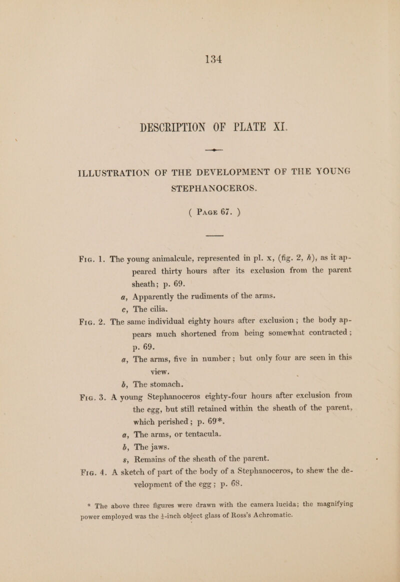 134 DESCRIPTION OF PLATE XI. ILLUSTRATION OF THE DEVELOPMENT OF THE YOUNG STEPHANOCEROS. ( Pace 67. ) Fig. 1. The young animalcule, represented in pl. x, (fig. 2, 2), as it ap- peared thirty hours after its exclusion from the parent sheath; p. 69. a, Apparently the rudiments of the arms. e, The cilia. Fic. 2. The same individual eighty hours after exclusion; the body ap- pears much shortened from being somewhat contracted ; p- 69. a, The arms, five in number; but only four are seen in this view. 6, The stomach. Fig. 3. A young Stephanoceros eighty-four hours after exclusion from the egg, but still retained within the sheath of the parent, which perished ; p. 69*. a, The arms, or tentacula. b, The jaws. s, Remains of the sheath of the parent. Fig. 4. A sketch of part of the body of a Stephanoceros, to shew the de- velopment of the egg; p. 68. * The above three figures were drawn with the camera lucida; the magnifying power employed was the }-inch object glass of Ross’s Achromatic.
