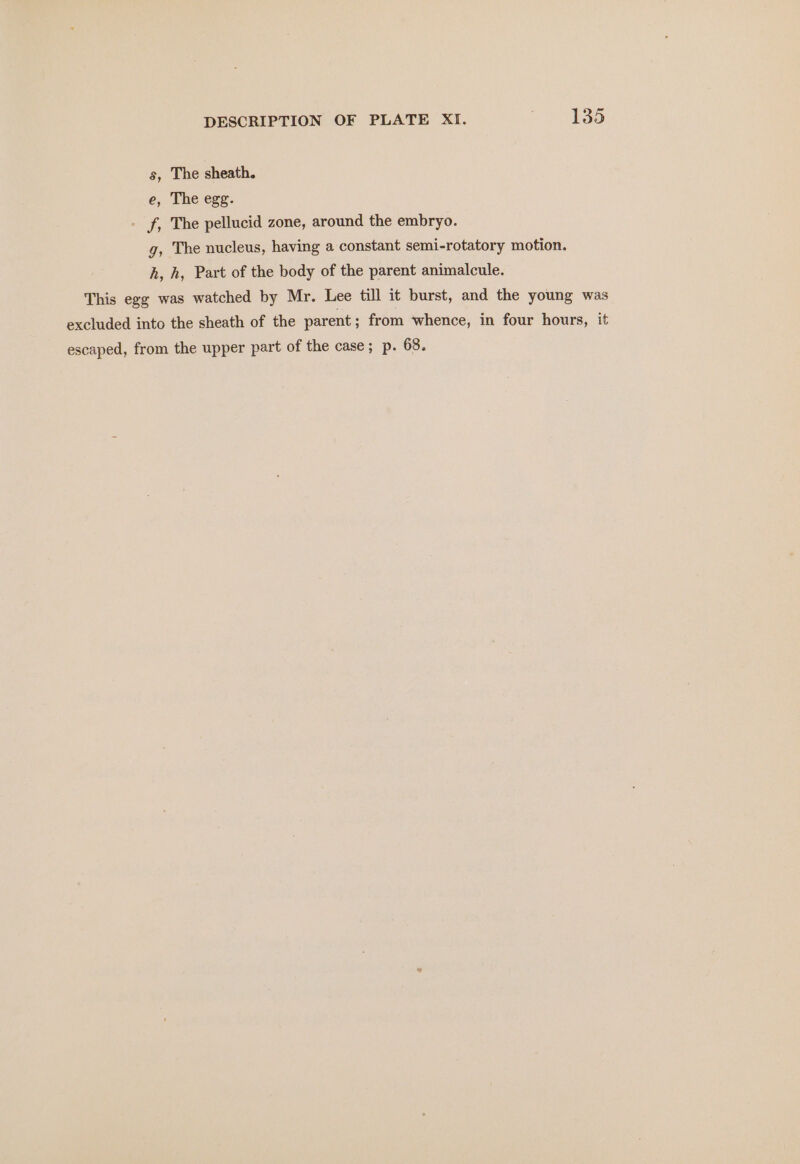 s, The sheath. e, The egg. - f, The pellucid zone, around the embryo. g, The nucleus, having a constant semi-rotatory motion. h, h, Part of the body of the parent animalcule. This egg was watched by Mr. Lee till it burst, and the young was excluded into the sheath of the parent ; from whence, in four hours, it escaped, from the upper part of the case; p. 68.