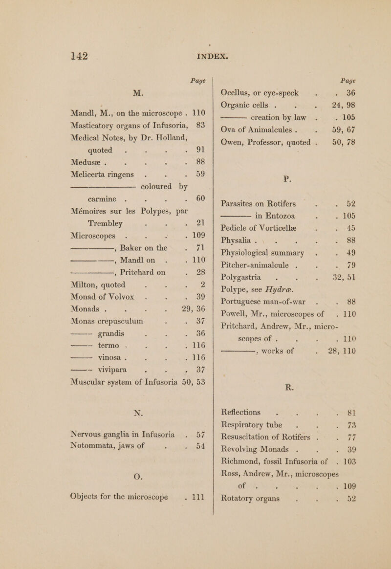 M. Mandl, M., on the microscope . 110 Masticatory organs of Infusoria, 83 Medical Notes, by Dr. Holland, quoted . ‘ : he) | Meduse . : : : . 88 Melicerta ringens . 5 59 coloured by carmine . : : . 60 Mémoires sur les Polypes, par Trembley ‘ , nee Microscopes. ‘ é . 109 , Baker on the Pe | ———_——., Mandlon . 10 a , Pritchard on Bese) Milton, quoted : : es Ave Monad of Volvox . ; «ed Monads . 29, 36 Monas crepusculum : ms ——- grandis ‘ . . 36 —- termo . ; : ~°116 ——- vinosa . . 116 ——- vivipara : ; ein Oh Muscular system of Infusoria 50, 53 N. Nervous ganglia in Infusoria . 57 Notommata, jaws of ; . 54 O. Objects for the microscope ae Page Ocellus, or eye-speck . . 36 Organic cells . 24, 98 creation by law . . 105 Ova of Animalcules . 59, 67 Owen, Professor, quoted . 50, 78 P. Parasites on Rotifers ; « 52 — in Entozoa ; . 105 Pedicle of Vorticelle ; . 45 Physalia. |. : ; . 88 Physiological summa : . 49 Pitcher-animalcule . P 2 Wo Polygastria : 32, 51 Polype, see Hydre. Portuguese man-of-war . “88 Powell, Mr., microscopes of . 110 Pritchard, Andrew, Mr., micro- scopes of . : : , 10 , works of 28; 110 R. Reflections é ‘ : Past Respiratory tube. ; . ae Resuscitation of Rotifers . 77 Revolving Monads . ; 2 OO Richmond, fossil Infusoria of . 103 Ross, Andrew, Mr., microscopes of . s, ‘ . : . 109 Rotatory organs : : 82