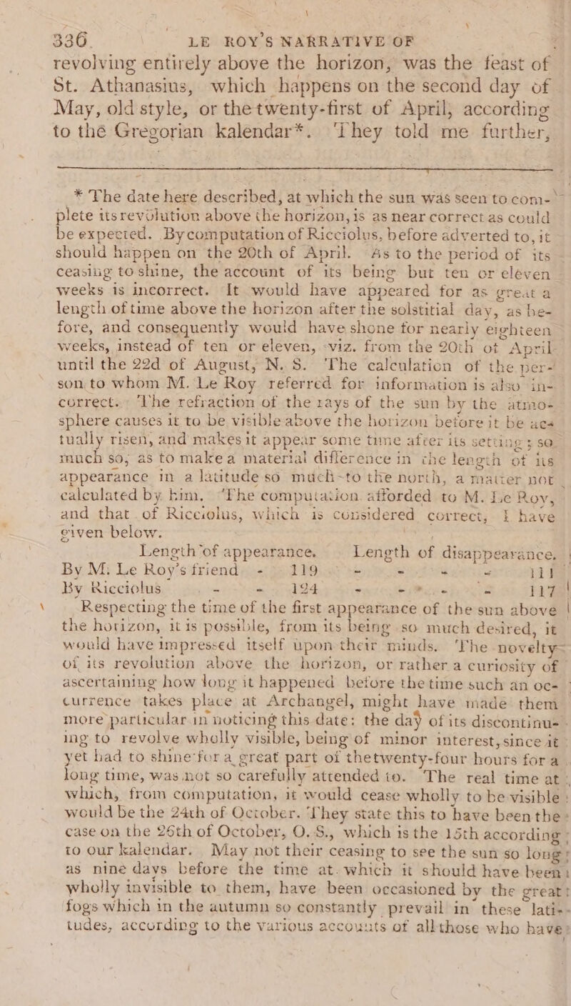 \ 336. LE ROY’S NARRATIVE OF $ revolving entirely above the horizon, was the feast of St. Athanasius, which happens on the second day of May, old style, or the twenty-first of April, according to thé Gregorian kalendar*. ‘They told me further, plete itsrevolution above the horizon, is as near correct as could be expecied. Bycomputation of Ricciolus, before adverted to, it should happen on the 20th of April. 4s to the period of its ceasiiig to shine, the account of its being but ten or eleven — weeks is incorrect. It would have appeared for as great a length of time above the horizon after the solstitial day, as be- fore, and consequently would have shone for nearly eighteen weeks, instead of ten or eleven, -viz. from the 20th ot April until the 22d of August, N.S. ‘The calculation of the per~ son, to whom M. Le Roy referred for information is also in- correct. ‘he refraction of the rays of the sun by the atmo- sphere causes it to be visible above the horizon betore it be ac« tually risen, and makes it appear some time afer its setting ; sa much so, as tomakea material difference in che length of is appearance in a latitude so much-~to the north, a matter not calculated by kim, “The computation. afforded to M. Le Roy, and that of Rice:olus, which is considered correct, | have eiven below. | Length of appearance. Length of disappearance. By M: Le Roy’s friend. - 119 - - “8 ee | By Ricciolus _ ~ gd the horizon, itis possible, from its being so much desired, it would have impressed itself upon their minds. ‘The novelty of its revolution above the horizon, or rather a curiosity of ascertaining how long it happened before the time such an oc- currence takes place at Archangel, might have made them more particular in noticing this date: the da} of its discontinu-- ing to revolve wholly visible, being of minor interest, since it | yet had to shine‘for a_great part of thetwenty-four hours fora. long time, was not so carefully attended to. The real time at - which, from computation, it would cease wholly to be visible : would be the 24th of October. They state this to have been the &gt; case on the 26th of October, O.S., which is the 15th according ; to our kalendar. May not their ceasing to see the sun so long: as nine days before the time at. which it should have been: wholly invisible to them, have been occasioned by the great: fogs which in the autumn so constantly prevail in these lati-- tudes, according to the various accounts of allthose who have?