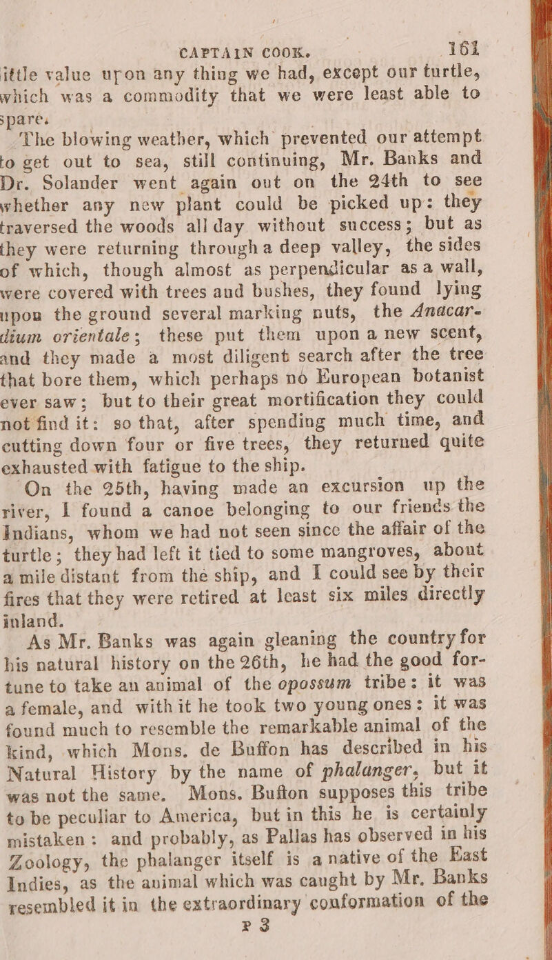 ittle value upon any thing we had, except our turtle, which was a commodity that we were least able to spare. The blowing weather, which prevented our attempt to get out to sea, still continuing, Mr. Banks and Dr. Solander went again out on the 24th to see whether any new plant could be picked up: they traversed the woods allday without success; but as they were returning througha deep valley, the sides of which, though almost as perpendicular asa wall, were covered with trees and bushes, they found lying upon the ground several marking nuts, the Anacar- dium orientale; these put them upon anew scent, and they made a most diligent search after the tree that bore them, which perhaps no European botanist ever saw; but to their great mortification they could not find it: so that, after spending much time, and cutting down four or five trees, they returned quite exhausted with fatigue to the ship. ‘On the 25th, having made an excursion up the river, | found a canoe belonging to our friends the Indians, whom we had not seen since the affair of the turtle; they had left it tied to some mangroves, about a mile distant from the ship, and I could see by their fires that they were retired at least six miles directly inland. As Mr. Banks was again gleaning the country for his natural history on the 26th, he had the good for- tune to take an animal of the opossum tribe: it was a female, and with it he took two young ones: it was found much to resemble the remarkable animal of the kind, which Mons, de Buffon has described in his Natural History by the name of phalanger, but it was not the same. Mons. Bufton supposes this tribe to be peculiar to America, but in this he. is certainly mistaken: and probably, as Pallas has observed in his Zoology, the phalanger itself is a native of the East Indies, as the avimal which was caught by Mr, Banks resembled it in the extraordinary conformation of the Pg