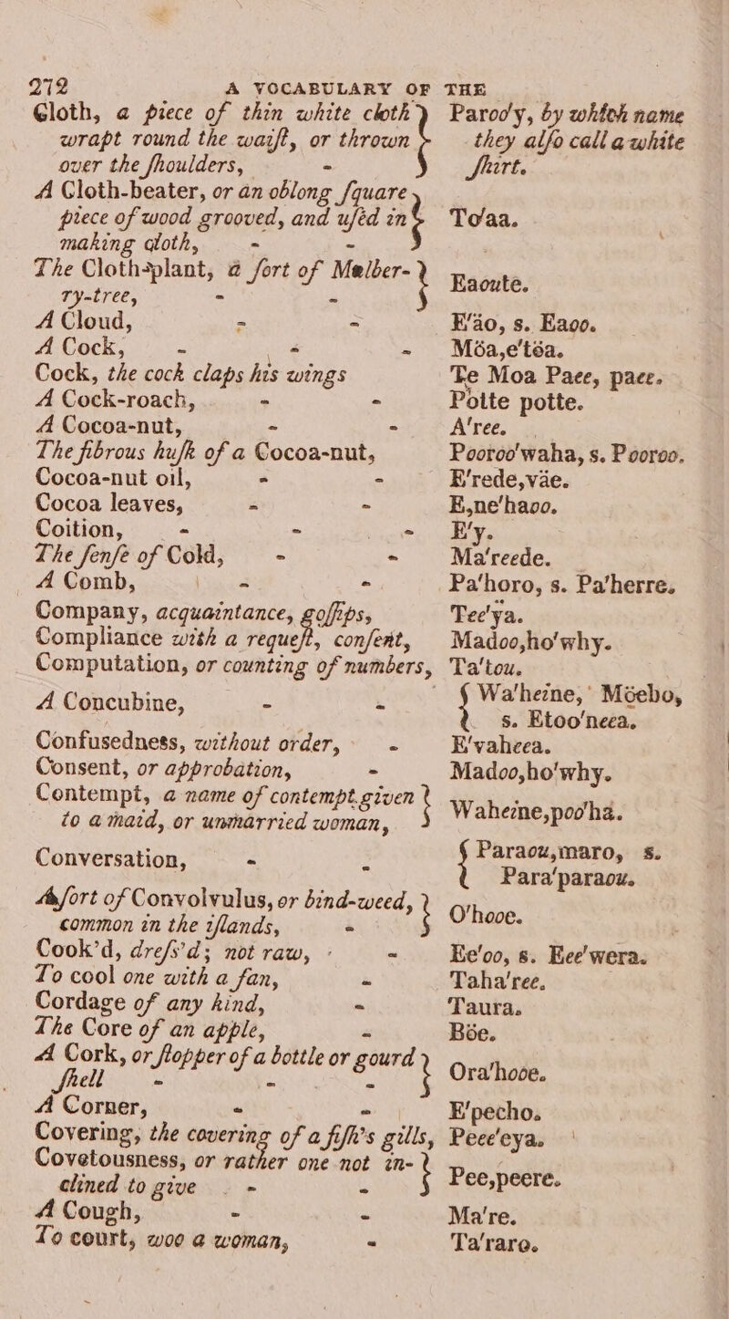 Gloth, @ piece of thin white cloth wrapt round the waift, or thrown over the fhoulders, - A Cloth-beater, or an oblong /quare piece of wood grooved, and uféd int making qloth, - - The Cloth-plant, @ fort of eet Ty-tree, ~ rl A Cloud, &gt; = 4 Cock, - ie Cock, the cock claps his wings A Cock-roach, - - A Cocoa-nut, - &gt; The fibrous hufk of a Cocoa-nut, Cocoa-nut oil, &gt; - Cocoa leaves, “ - Coition, — = ~ ~ The fenfé of Cold, - - A Comb, &lt; - Company, acquaintance, gofips, Compliance with a reguct, confent, Computation, or counting of numbers, A Concubine, ~ - Confusedness, wzthout order, 2 Consent, or approbation, - Contempt, @ name of contempt.given i to @mazd, or unmarried woman, Conversation, - be A fort of Convolvulus, or bind-weed, i common in the rflands, « Cook’d, dre/s’d; not raw, - = To cool one with a_ fan, - Cordage of any hind, - The Core of an apple, - 4 Cork, or flopper of a bottle or gourd Shell ~ b - is ; A Corner, ~ ~ | Covering, the covering of a fifh’s gills, Covetousness, or rather one not zn- clined to give . - - A Cough, - - Parody, by which name they alfo call a white Siitt. Toaa. Eaoute. E’4o, s. Eaoo. Méa,e’téa. ‘Te Moa Paee, pace. Potte potte. A’ree. Pooroo'waha, s. Pooroo. R’rede,vae. E,ne'havo. E’y. Ma'reede. _ Pa‘horo, s. Pa’herre. Tee'ya. Madoo,ho'why. Ta'tou. Wavhezne,’ Méebo, } s. Etoo‘neea. E'vaheea. Madoo,ho'why. Waherne,poo'ha. Paraou,maro, 5s. Para‘paraou. O’hooe. Ee’oo, 8. Eee’ wera. Taha'ree. Taura. Boe. Ora‘hooe. E’pecho. Peee'eya. | Pee,peere. Ma’'re.