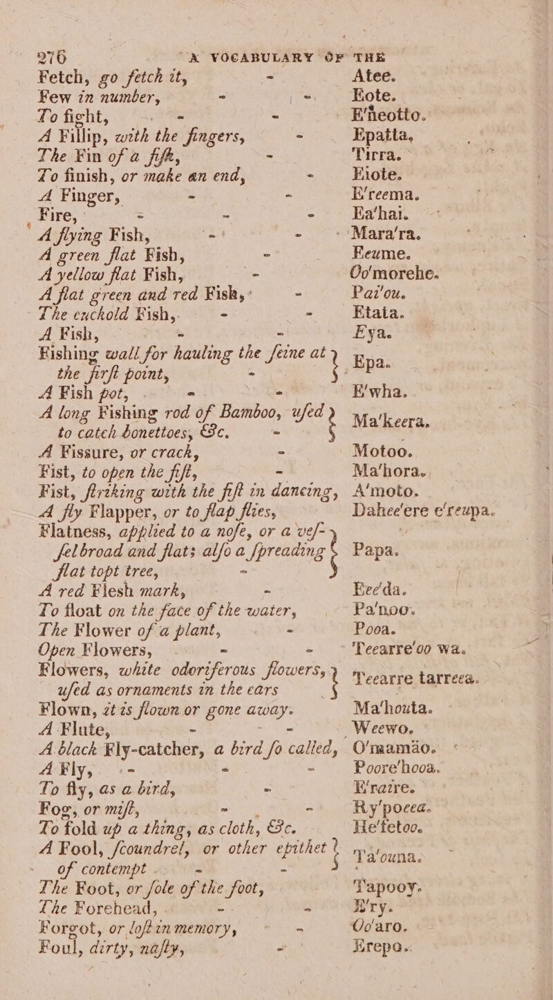 » 976 “RN VOCABULARY OF THE Fetch, go fetch it, - Atee. Few in number, - = Kote. | To fight, os ~ Eheotto. A Fillip, with the fingers, - Epatta, The Fin of a fift, - Tirra. To finish, or make an end, - Fiote. A Finger, = - E’‘reema. : Fire, = ~ . Ea’‘hat. A flying Fish, =) - ‘Mara’ra. A green flat Fish, - FReume. A yellow flat Fish, - Oo'morehe. A flat green and red Fish, ’ - Pai'ou. Lhe exchold ¥ish,. - - Etata. A Fish, Si Eya. Fishing wali for hanitin fe ezne at the inf pownt, e ‘i Epa. A Fish pot, . . E’wha. A long Fishin id: 0 Bamboo, ufed Pe to ich La citncks be # : Me eta A Fissure, or crack, = Motoo. Fist, to open the fit, Ma‘hora., Fist, fireking with the fift in dancing, A’moto. A fy Flapper, or to flap flies, Dahee'ere e'reupa. Flatness, applied to a nofe, or a ve/- felbroad and flats alfoa fpreaing Papa. flat topt tree, A red Flesh mark, = EBee'da. To float on the face ofthe water, .~ Pa‘noo. The Flower of a plant, - Pooa. Open Flowers, &gt; ‘Teearre'oo Wa. Flowers, white odoriferous HS tes ech ecb beeen ufed as ornaments in the ears Flown, zt zs flown or gone ack Ma‘houta. A Flute, —Weewo. A black Fly-catcher, a er ‘fo calte _O'mamio. AFly,. °- Poore'hooa. To fly, as a bird, - K’razre. Fog, or mift, - - Ry’ pocea. Lo fold up a thing, as cloth, Bc. He'fetoo. A Fk » /coundrel, or other aa Ta'ouna. contempt . - : The Foot, xe re T'apooy. The Forehead, - ry. Forgot, or loftzn memory, - Oo'aro. Foul, dirty, nifty, eh Erepo..