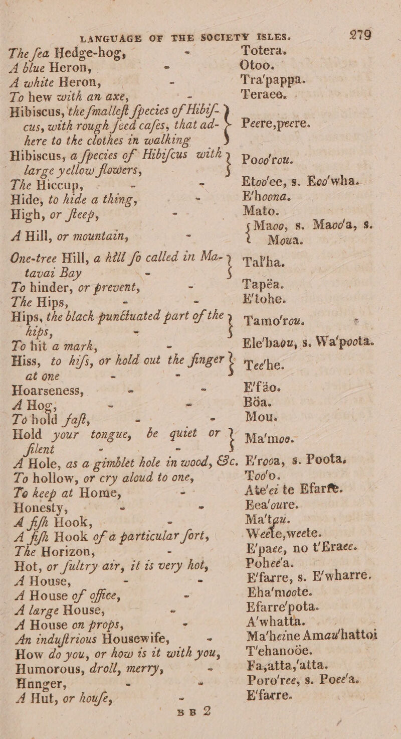The fea Hedge-hog, - A blue Heron, | - A white Heron, a To hew with an axe, Hibiscus, the /malleft fpecies of Hib af cus, with rough feed cafes, that ad- here to the clothes in walking Hibiscus, a /pecies of Hibifcus with large yellow flowers, The Hiccup, * Hide, to hide a thing, - High, or fteep, - A Hill, or mountain, - One-tree Hill, a Atll_ fo called in Ma- tavai Bay - To hinder, or abel - The Hips, Hips, the black pundbuated part bof the} hips, To hit @ mark, Hiss, to h2/s, or hold out the jager at one Hoarseness, - - A Hog, 4 J To hold faft, - Hold your tongue, be one or filent - To hollow, or cry aloud to one, To keep at Home, a Honesty, - - A fifh Hook, A fifh Hook of a particular Jorts The Horizon, Hot, or fultry atr, it is very hot, A House, - - A House of offee, m, A large House, - A House on props, - An induftrious Housewife, - How do you, or how ts it with you, Humorous, droll, ite s Hunger, * A Hut, or houfe, - | BB 279 Totera. Otoo. Tra'pappa. Feraee. - Peere,peere. Pooo'rou. Etovo'ee, s. Eoo'wha. E‘hoona. Mato. erry s. Maoo'a, 8. Moua. Tal’ha. Tapéa. E'tohe. Tamo'rou. ¢ Ele'baow, s. Wa’ poota. Teehe. E’fao. Boa. Mou. E’rooa, s. Poota. Too'o. Ate’ez te Efarfe. Eea’oure. Ma’tgu. Waka dwaae: E’paee, no t'Kraee. Pohee'a. E'farre, s. E’wharre. Eha'moote. Efarre’ pota. A’whatta. Ma‘hezne Amau! hattoi T’ehanooe. Fa,atta,‘atta. Poro'ree, s. Poee'a. E‘farre.