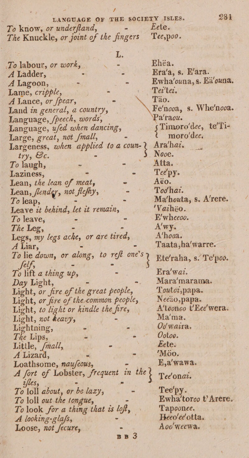 / 231 Eete. To labour, or work, | A Ladder, - A Lagoon, - Lame, cripple, A Lance, or /pear, E. try, &amp;c. - To laugh, J Laziness, = Lean, the lean of meat, Lean, Jeendy, not flefhy, To leap, - Leave it behind, let zt rematn, To leave; Zi The Leg, - - Legs, my legs ache, or are tired, A Liar, 4 To lie down, or along, to reft one’s ae ee! j To lift a thing up Day Light, - Light, not deavy, Lightning, ie The Lips, &amp; Little, /mall, A Lizard, “ Loathsome, nau/eous, zfles, To loll out the tongue, A looking-glafs, Loose, not fecure, &gt; BE 3 Ehéa. Era’a, s. E’ara. Ewha’ouna, s. Ea'ouna. Tez'tez. ‘Pa’raow. 4 Tigmere et, te'Ti- moro‘dee. Aravha:. Nooe. . Atta. - Tee'py- Aéo. Too haz. Ma’houta, s. A’rere. 'Vazhéo. FE wheeoo. A'wy. A‘hoaa. Taata,ha'warre. Ete’raha, s. Te'poo. Era’waz. Mara’ marama. Toutoz,papa. Neeao, papa. A’toonco t’Kee'wera. Ma'ma. Oo' wazrra. Ootoo. ete. 'Moo. K,a'wawa. Tee'onaz. Tee'py. Ewha'toroo t’ Arere. Tapoonee. Heeo’ee'otta. Aoo weewa,