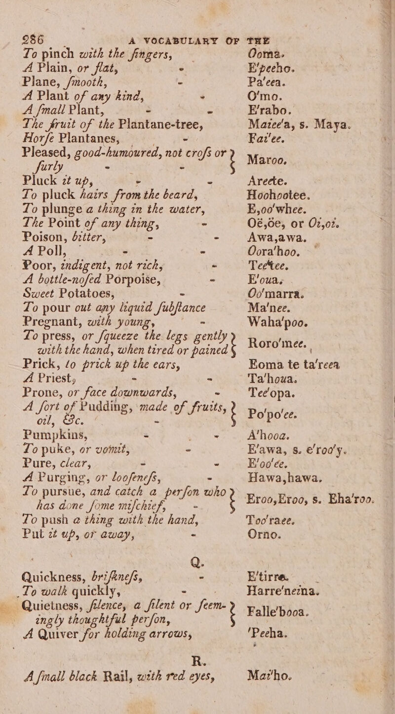 A Plain, or flat, Plane, /mooth, A Plant of any kind, A fmall Plant, - = Horfe Plantanes, fury” Pluck zt up, Poison, dztter, A Poll, — - Sweet Potatoes, A Priest, owl, Bunpkial - Lo puke, or vomit, Pure, clear, e A Purging, Put zt up, of away, Quickness, brifine/s, To walk quickly, » Ooma. E’peeho. Pa’eea. O'mo. E’rabo. Mazee'a, s. Maya. Faz‘ee. Maroo. Areete. Hoohpotee. E,oo'whee. O€,Ge, or 02,02. Awa,awa. Oora‘hoo. Teetee. E’oua. Oo'marra. Ma’nee. Waha’'poo. Roro’mee. ; Koma te ta’reea Ta/howa. Teeopa. Po'po'ee. A'’hooa. F’awa, 8. €'roa’y. E’oo'ee. Hawa,hawa. Too’raee. Orno. E’tirre. Harre’nezna. Falle’booa. ‘Pecha. Maz'ho.