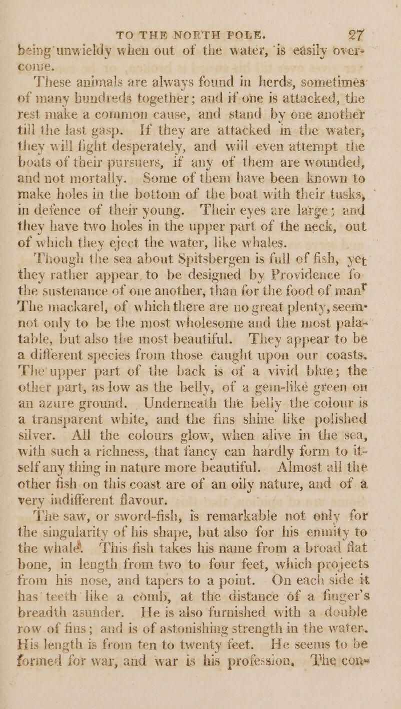 being unwieldy when out of the water, ‘is easily over= cole. These animals are always found in herds, sometimes: of many hundreds together; and if-one is attacked, the rest make a common cause, and stand by one another till the last gasp. [f they are attacked in the water; they will fight desperately, and will even attempt the boats of their pursuers, if any of them are wounded, and not mortally. Some of them have been known to make holes in the bottom of the boat with their tusks, — in defence of their young. ‘Their eyes are large; and they have two holes in the upper part of the neck, out of which they eject the water, like whales. Though the sea about Spitsbergen is full of fish, yet they rather appear, to be designed by Providence fo the sustenance of one another, than for the food of mant The mackarel, of which there are no great plenty, seem: not only to be the most wholesome and the most pala» table, but also the most beautiful. They appear to be a different species from those caught upon our coasts. The upper part of the back is of a vivid blue; the- other part, as low as the belly, of a gem-like green on an azure ground. Underneath the beliy the colour is a transparent white, and the fins shine like polished siver. All the colours glow, when alive in the sea, with such a richness, that fancy can hardly form to it- self any thing in nature more beautiful. Almost all the other fish.on this coast are of an oily nature, and of.a very indifferent flavour. | The saw, or sword-fish, is remarkable not only for the singularity of his shape, but also for his enmity to the whalé. ‘This fish fe his name from a broad flat— bone, in length from two to four feet, which projects from his nose, and tapers to a pomt. On each side it has teeth like a comb, at the distance of a finger’s breadth asunder. He is also furnished with a double row of fins; and is of astonishing strength in the water. His length is from ten to twenty feet. He seems to be formed for war, and war is his profession, The con=