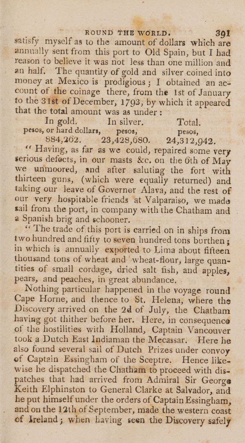 satisfy myself as to the amount of dollars which are annually sent from this port to Old Spain, but I had ‘Yeason to believe it was not Jess than one million and an half, The quantity of gold and silver coined into money at Mexico is prodigious; I obtained an acs count of the coinage there, from the Ist of January to the 318t of December, 1793, by which it appeared that the total amount was as under: In gold. — In silver. Total. pesos, or hard dollars, pesos, pesos, 884,262. 23,428,080. 24,312,949. ‘* Having, as far as we could, repaired some very serious defects, in our masts &amp;c. on the 6th of May we unmoored, and after saluting the fort with thirteen guns, (which were equally returned) and taking our leave of Governor Alava, and the rest of our very hospitable friends at Valparaiso, we made sail from the port, in company with the Chatham and a Spanish brig and schooner. . “ The trade of this port is carried on in ships from two hundred and fifty to seven hundred tons burthen; in which is annually exported to Lima about fifteen thousand tons of wheat and ‘wheat-flour, large quan- tities of small cordage, dried salt fish, and apples, pears, and peaches, in great abundance. Nothing particular happened in the voyage round Cape Horne, and thence to St, Helena, where the Discovery arrived on the 2d of July, the Chatbam having got thither before her. Here, in consequence of the hostilities with Holland, Captain Vancouver took a Dutch East Indiaman the Mecassar. Here he also found several sail of Dutch Prizes under convoy of Captain Essingham of the Sceptre. Hence like- wise he dispatched the Chatham to proceed with dis- patches that had arrived from Admiral Sir George Keith Elphinston to General Clarke at Salvador, and he put himself under the orders of Captain Essingham, and on the 12th of September, made the western coast of Ireland; when haying seen the Discovery safely