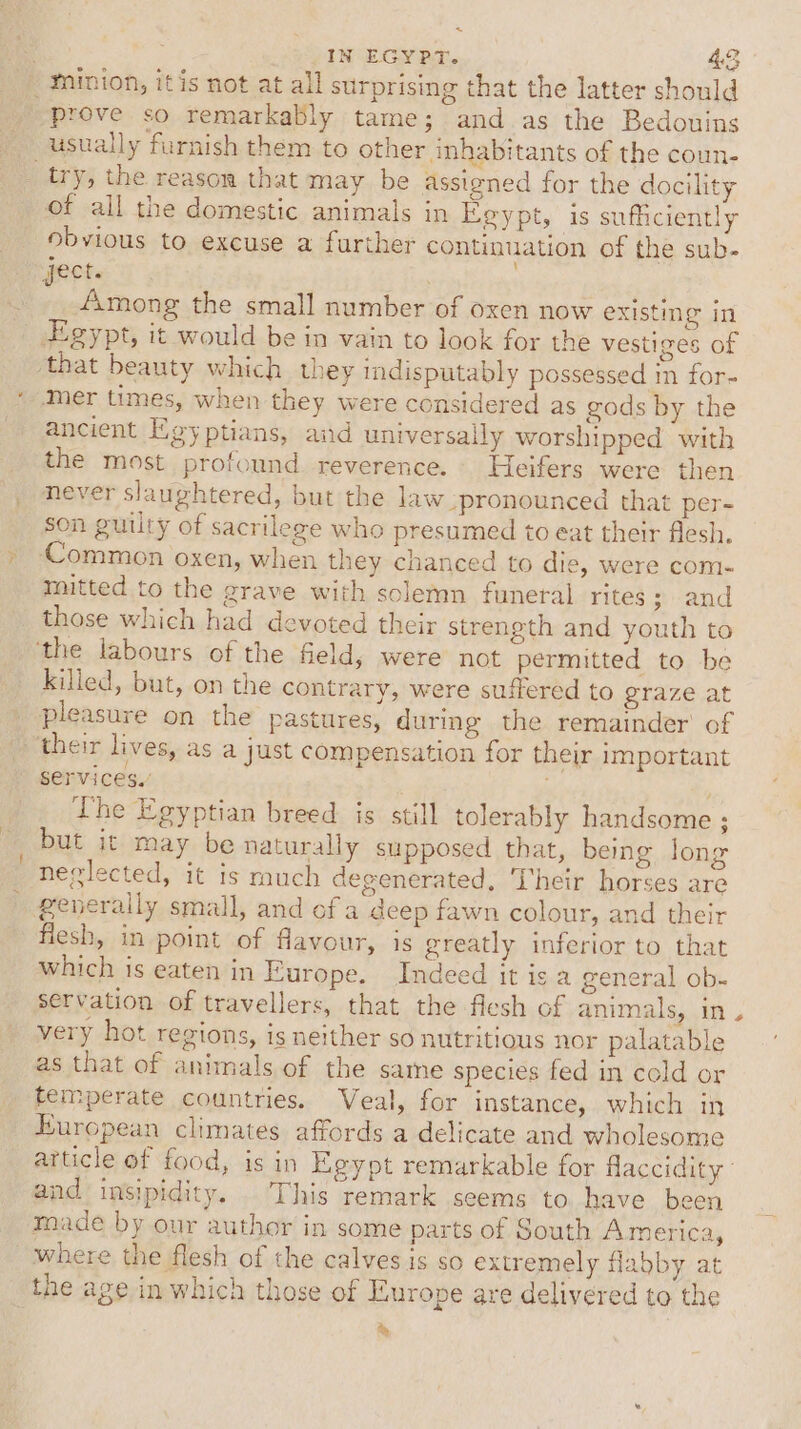 ers + prove so remarkably tame; and as the Bedouins try, the reason that may be assigned for the docility of all the domestic animals in Eeypt, is sufficiently obvious to excuse a further continuation of the sub- Among the small number of oxen now existing in mer times, when they were considered as gods by the ancient Egyptians, and universally worshipped with the most profound reverence. Heifers were then never slaughtered, but the law pronounced that per- son guilty of sacrilege who presumed to eat their flesh. ommon oxen, when they chanced to die, were com- mitted to the grave with solemn funeral rites ; and those which had devoted their strength and youth to killed, but, on the contrary, were suffered to graze at pleasure on the pastures, during the remainder’ of Services.’ The Egyptian breed is still tolerably handsome ; but it may be naturally supposed that, being long nevlected, it is much degenerated, Their horses are fiesh, in point of flavour, is greatly inferior to that which is eaten in Europe. Indeed it is a general ob. servation of travellers, that the flesh of animals, in very hot regions, is neither so nutritious nor palatable as that of animals of the same species fed in cold or temperate countries. Veal, for instance, which in European climates affords a delicate and wholesome article of food, is in Egypt remarkable for flaccidity ° and insipidity. This remark seems to have been made by our author in some parts of South America, where the flesh of the calves is so extremely flabby at th