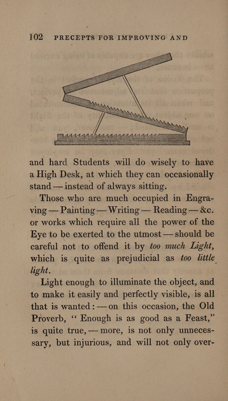 and hard Students will do wisely to have a High Desk, at which they can occasionally stand — instead of always sitting. Those who are much occupied in Engra- ving — Painting — Writing — Reading — &amp;c. or works which require all the power of the Eye to be exerted to the utmost — should be careful not to offend it by too much Light, which is quite as prejudicial as too tittle hight. _ Light enough to illuminate the object, and to make it easily and perfectly visible, is all that is wanted : —on this occasion, the Old Proverb, ‘‘ Enough is as good as a Feast,” is quite true,— more, is not only unneces- sary, but injurious, and will not only over-