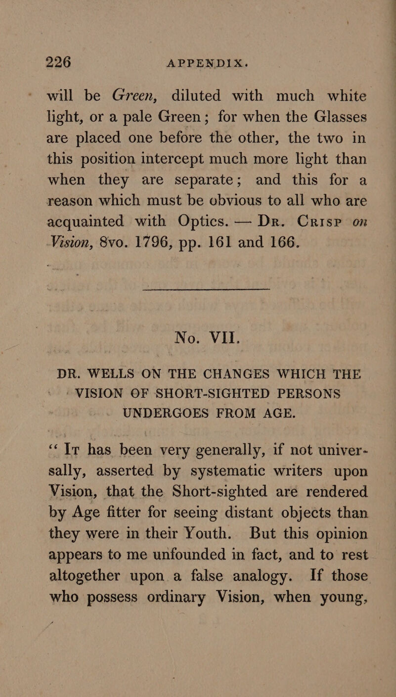 will be Green, diluted with much white light, or a pale Green; for when the Glasses are placed one before the other, the two in this position intercept much more light than when they are separate; and this for a reason which must be obvious to all who are acquainted with Optics. — Dr. Crisp on Vision, 8vo. 1796, pp. 161 and 166. No. VII. DR. WELLS ON THE CHANGES WHICH THE ' VISION OF SHORT-SIGHTED PERSONS UNDERGOES FROM AGE. ‘‘ Ir has been very generally, if not univer- sally, asserted by systematic writers upon Vision, that the Short-sighted are rendered by Age fitter for seeing distant objects than they were in their Youth. But this opinion appears to me unfounded in fact, and to rest altogether upon a false analogy. [f those who possess ordinary Vision, when young,