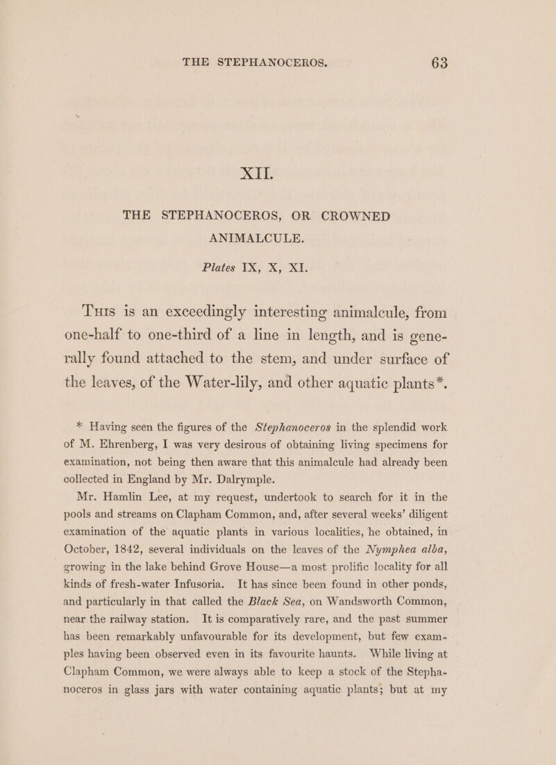 XIL. THE STEPHANOCEROS, OR CROWNED ANIMALCULE. Plates 1X, X, XI. Tus is an exceedingly interesting animalcule, from one-half to one-third of a line in length, and is gene- rally found attached to the stem, and under surface of the leaves, of the Water-lily, and other aquatic plants*. * Having seen the figures of the Stephanoceros in the splendid work of M. Ehrenberg, I was very desirous of obtaining living specimens for examination, not being then aware that this animalcule had already been collected in England by Mr. Dalrymple. Mr. Hamlin Lee, at my request, undertook to search for it in the pools and streams on Clapham Common, and, after several weeks’ diligent examination of the aquatic plants in various localities, he obtained, in October, 1842, several individuals on the leaves of the Nymphea aloa, growing in the lake behind Grove House—a most prolific locality for all kinds of fresh-water Infusoria. It has since been found in other ponds, and particularly in that called the Black Sea, on Wandsworth Common, near the railway station. It is comparatively rare, and the past summer has been remarkably unfavourable for its development, but few exam- ples having been observed even in its favourite haunts. While living at Clapham Common, we were always able to keep a stock of the Stepha- noceros in glass jars with water containing aquatic plants; but at my