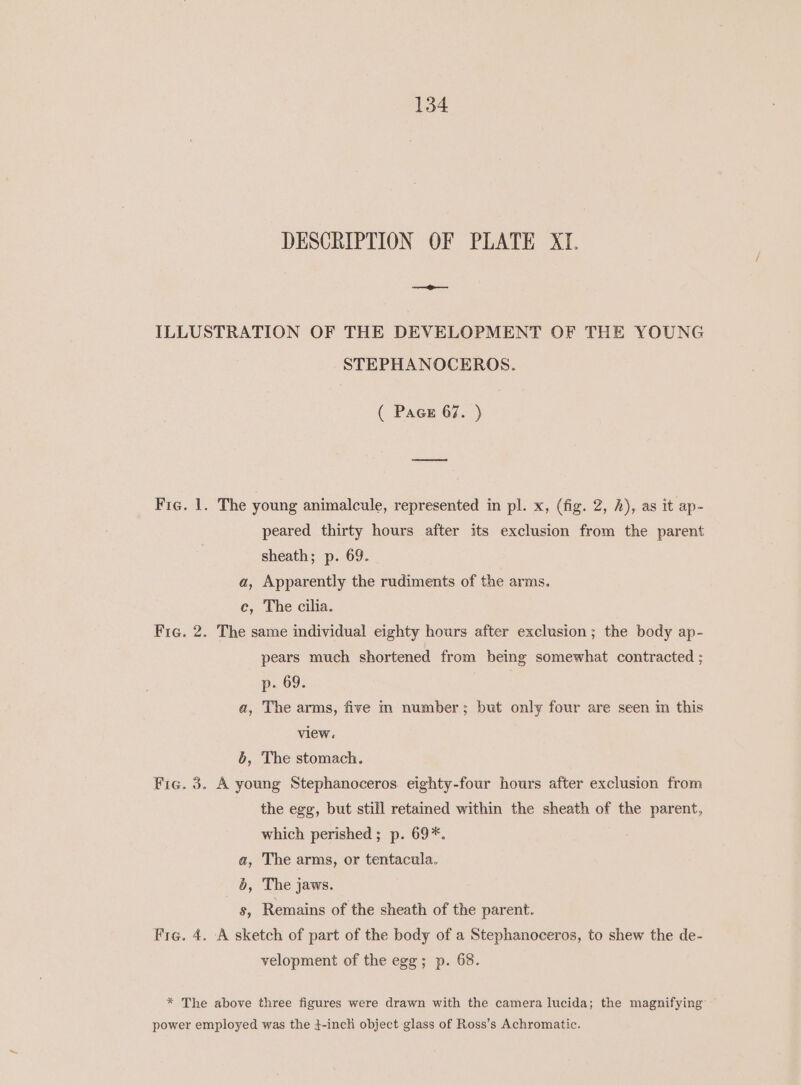 134 DESCRIPTION OF PLATE XI. ILLUSTRATION OF THE DEVELOPMENT OF THE YOUNG STEPHANOCEROS. ( Pace 67. ) Fic. 1. The young animalcule, represented in pl. x, (fig. 2, h), as it ap- peared thirty hours after its exclusion from the parent sheath; p. 69. a, Apparently the rudiments of the arms. c, The cilia. Fie. 2. The same individual eighty hours after exclusion; the body ap- pears much shortened from being somewhat contracted ; p- 69. a, The arms, five m number; but only four are seen in this view. 6, The stomach. Fic. 3. A young Stephanoceros eighty-four hours after exclusion from the egg, but still retained within the sheath of the parent, which perished ; p. 69*. a, The arms, or tentacula. 5, The jaws. s, Remains of the sheath of the parent. Fie. 4. A sketch of part of the body of a Stephanoceros, to shew the de- velopment of the egg; p. 68. * The above three figures were drawn with the camera lucida; the magnifying power employed was the 4-inch object glass of Ross’s Achromatic.