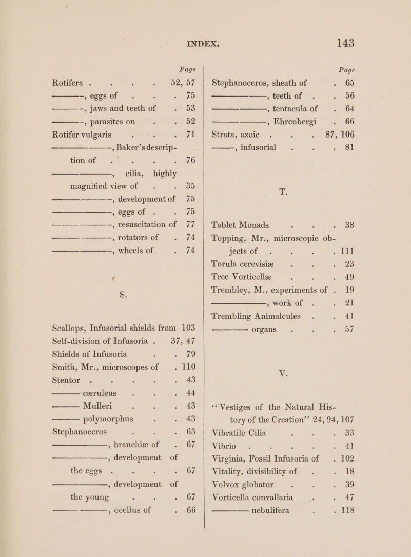 Page Page Rotifera . 52,57 | Stephanoceros, sheath of . 65 Sa) SO ee ee 5 —, jaws and teeth of . 53 —, parasites on ; «' 52 Rotifer vulgaris ‘ : Say ——-, Baker’s descrip- : tid Of (abe, 76 -, cilia, highly magnified view of . . 35 ————-, developmentof 75 os -,eggsof . 2) ako —___—_—___-, resuscitation of 77 ee -,rotatorsof . 74 —, wheels of wae Scallops, Infusorial shields from 103 Self-division of Infusoria . 37, 47 Shields of Infusoria : Ba} Smith, Mr., microscopes of _. 110 Stentor . ; : ; . 43 ceruleus : . AA Mulleri ‘ ; » 45 polymorphus : . 43 Stephanoceros 5 : . 63 ——,branchie of . 67 , development of the eggs . : gh ria HOE , development of the young : : 5) OF , ocellus of . 66 , teeth of . : 66 , tentacula of . 64 , Ehrenbergi . 66 87, 106 , infusorial . : Pier | eso Strata, azoic Tablet Monads : : . 38 Topping, Mr., microscopic ob- jects of . : ; oh] Torula cerevisiz ; ; a oe Tree Vorticellz : : a £9 Trembley, M., experiments of . 19 —, work of . ee a Trembling Animalcules . ne organs. ‘ Fatt Y. ‘¢Vestiges of the Natural His- tory of the Creation’’ 24, 94, 107 Vibratile Cilia é : oe Vibrio 1: : : ' . 41 Virginia, Fossil Infusoria of . 102 Vitality, divisibility of . eed Volvox globator : : sao Vorticella convallaria ov ~ 47 nebulifera : - 118